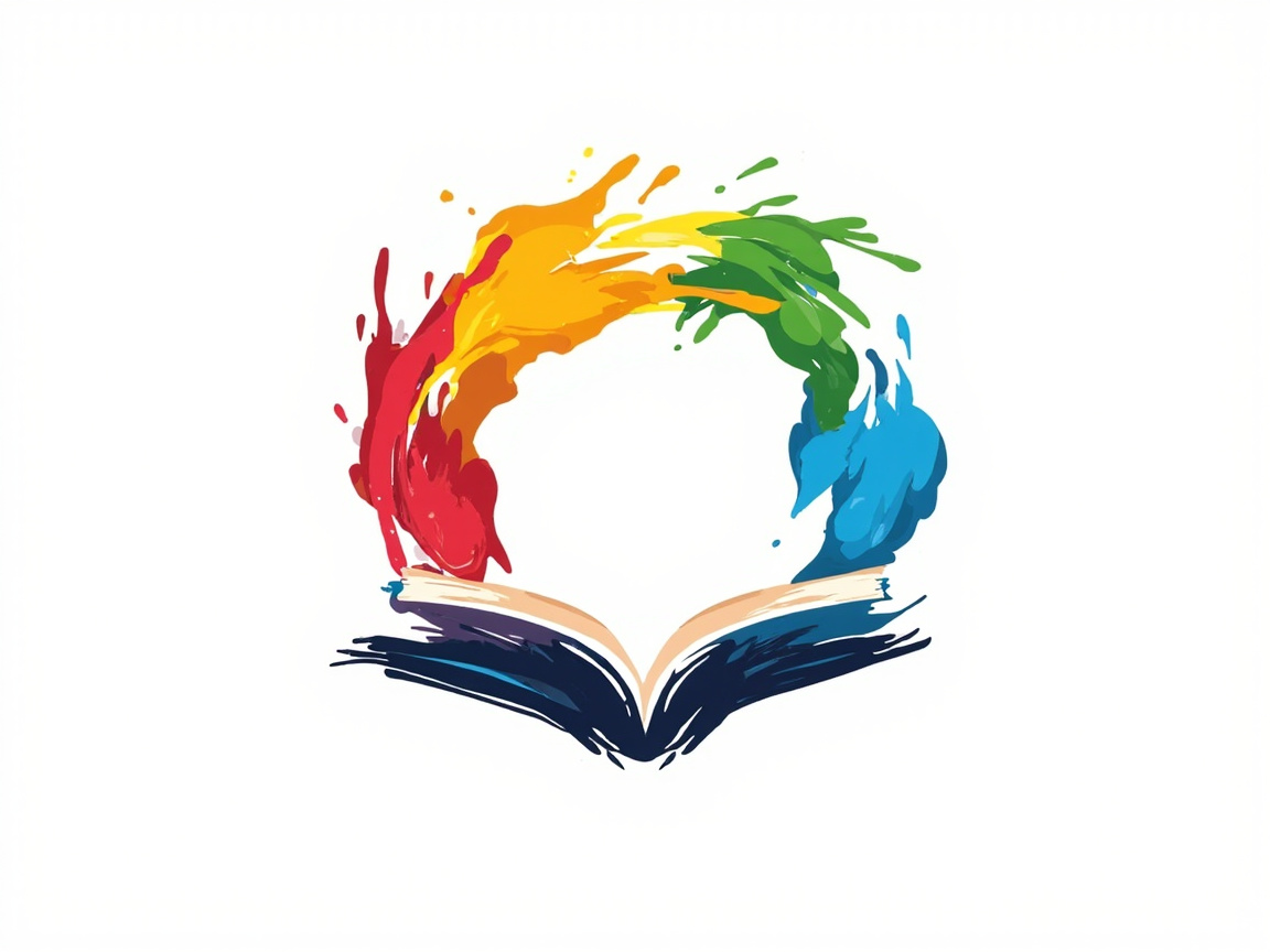 图中展示了一个极简主义风格的创意标志，背景为纯白色。画面中心是一本翻开的书，书页呈现出深蓝色和浅米色的色调，笔触带有明显的油漆涂抹感。从书页的两侧向上喷涌出五彩斑斓的颜料，形成了一个不规则的圆形环抱。颜料的颜色从左至右依次为红色、橙黄色、绿色和蓝色，呈现出动感的喷溅效果，象征着知识带来的想象力与活力。在 AI 生成的细节方面，存在一些明显的逻辑缺陷：书本底部的深蓝色笔触左右并不对称，线条显得有些杂乱且破碎；右侧蓝色的颜料喷溅形状较为生硬，缺乏自然的流体感；此外，书脊中心位置的线条衔接不够平滑，呈现出一种不自然的镜像撕裂感。整体构图虽然色彩鲜艳、意向明确，但在细节笔触上仍保留了 AI 生成的随机性痕迹。