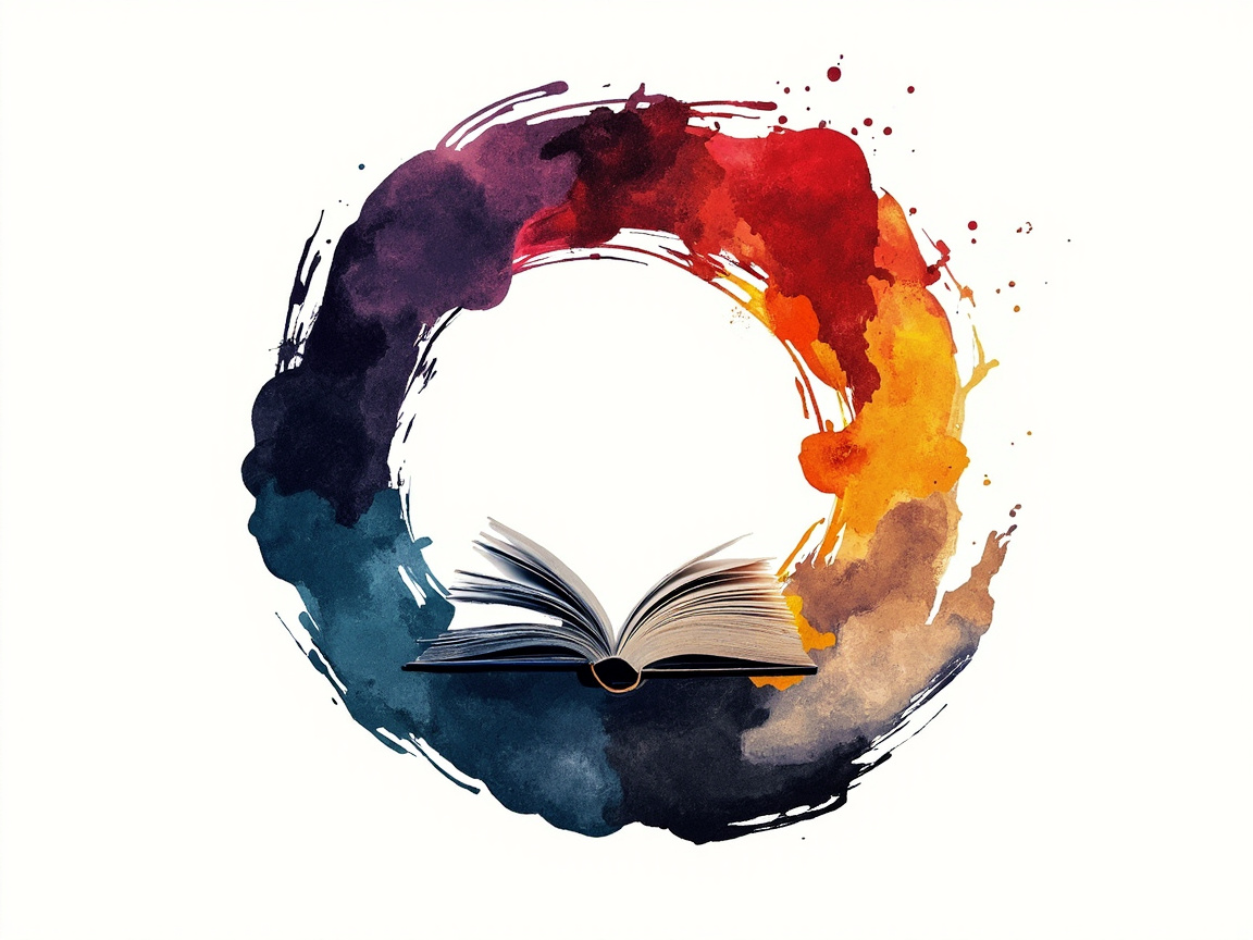 图中展示了一个极具艺术感的圆形构图，背景为纯白色。画面的核心是一个由水彩笔触构成的彩色圆环，颜色从深紫、暗红、亮橙逐渐过渡到土黄和深蓝，色彩斑斓且带有自然喷溅的墨点效果，呈现出一种动态的流动感。在圆环的底部中心，放置着一本翻开的书籍，书页向两侧自然展开，仿佛知识的源泉。构图上，书籍位于圆环的缺口处，形成了一种视觉上的平衡。

然而，画面中存在明显的 AI 生成缺陷：首先，书籍的结构逻辑异常，书脊部分与下方的深色水彩阴影融合得不够自然，显得有些漂浮；其次，翻开的书页线条过于密集且杂乱，缺乏真实纸张的厚度感和清晰的文字纹理，部分页缘呈现出不规则的锯齿状。此外，圆环左侧的笔触边缘出现了一些细碎且无意义的黑色线条，与整体柔和的水彩风格略显违和。