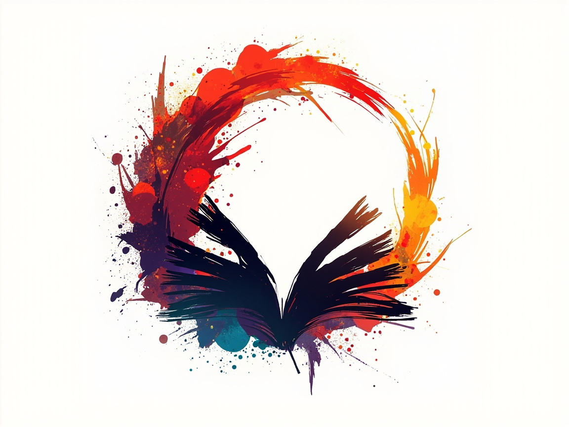 图中展示了一幅极具动感的抽象艺术作品，背景为纯白色。画面的核心是一个由彩色泼墨和笔触构成的圆形轮廓，色彩从左侧的深紫色、大红色，逐渐过渡到右侧的明橙色和亮黄色，呈现出一种火焰般的律动感。在圆环的底部中央，有一本翻开的书籍剪影，书页以深黑色粗犷线条勾勒，向两侧呈放射状展开，宛如一对振翅欲飞的翅膀。画面中散布着大量的油彩滴溅和细碎的墨点，增强了视觉冲击力。作为 AI 生成的图像，其缺陷在于书籍的结构逻辑不够严谨，书页的线条过于破碎且重叠混乱，缺乏真实纸张的厚度感与层次感；同时，圆环右侧的笔触末端出现了一些不自然的断裂和悬浮的色块，透视关系较为模糊。整个构图居中，色彩对比强烈，象征着知识带来的生命力与爆发力。