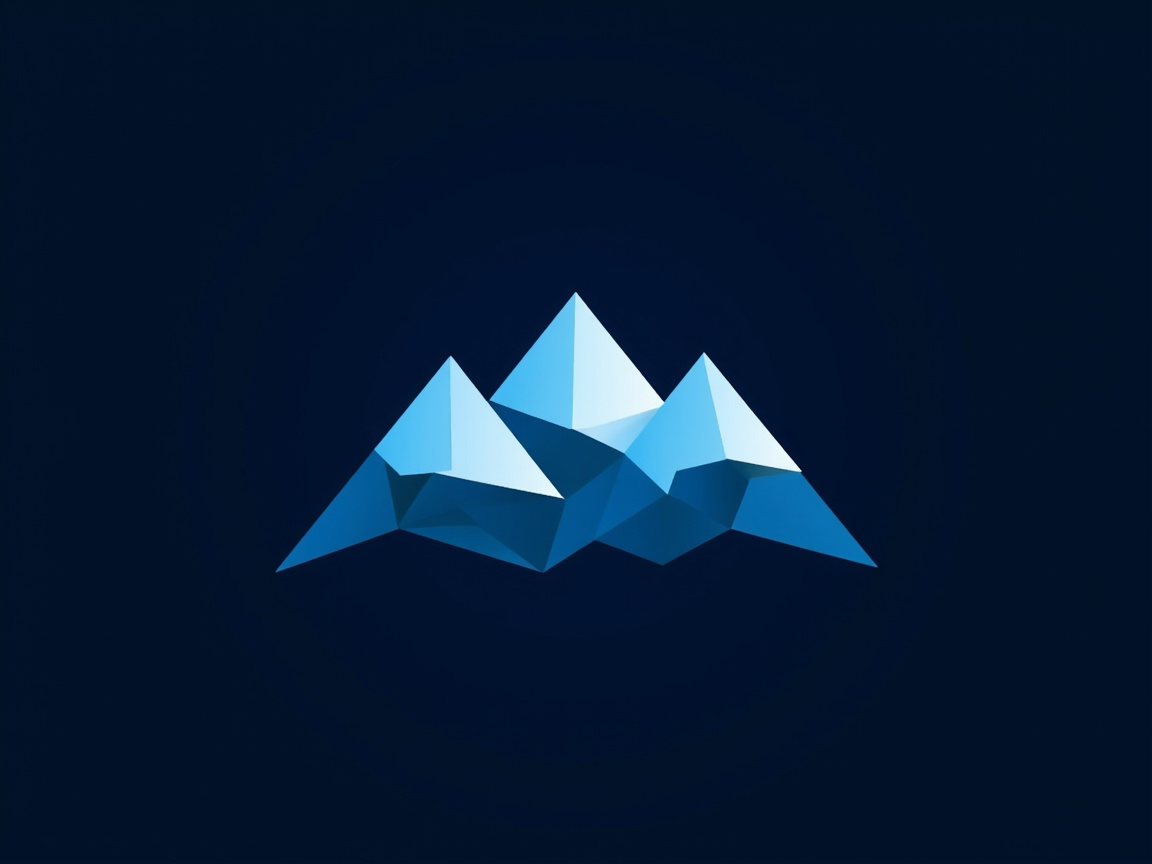 图中展示了一个采用低多边形（Low Poly）风格设计的山脉标志，背景为纯净的深蓝色。画面中央是由多个几何三角形拼接而成的三座山峰，整体色调呈现出从亮白色、浅蓝色到深蓝色的渐变效果，模拟了光线照射在冰川或雪山上的明暗变化。构图简洁对称，具有现代感和科技感。然而，作为一张 AI 生成的图像，画面中存在明显的逻辑缺陷：山脉底部的几何切面显得杂乱无章，缺乏自然的支撑结构，部分三角形的边缘衔接并不严丝合缝，出现了透视上的扭曲。特别是最左侧和最右侧的山脚部分，呈现出不规则的尖角悬浮感，未能形成一个稳固的视觉基座，这使得整体图形看起来像是一组随机堆叠的碎片，而非一个严谨设计的矢量图标。