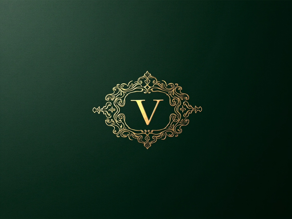 图中展示了一个极具质感的极简主义设计。背景是深沉且带有细微磨砂纹理的墨绿色，给人一种高贵、稳重的感觉。画面中心是一个精致的金色标志，由一个大写的英文字母“V”和环绕其外的繁复花纹组成。这个“V”字采用了衬线字体，具有明显的金属光泽和立体阴影效果，仿佛是镶嵌在背景上的金饰。环绕字母的花纹呈现出巴洛克风格的卷草纹样，线条流畅且左右大致对称，展现出一种古典华丽的美感。

在 AI 生成的细节方面，虽然整体构图非常平衡，但仔细观察可以发现左右两侧的装饰花纹并非完全镜像对称，部分线条的粗细和转折处存在细微的逻辑偏差，这是 AI 在处理复杂纹饰时常见的特征。此外，字母“V”的左侧笔画顶端略显圆滑，与右侧尖锐的衬线处理在风格上稍有不统一。尽管如此，整张图片依然营造出了极佳的视觉高级感。