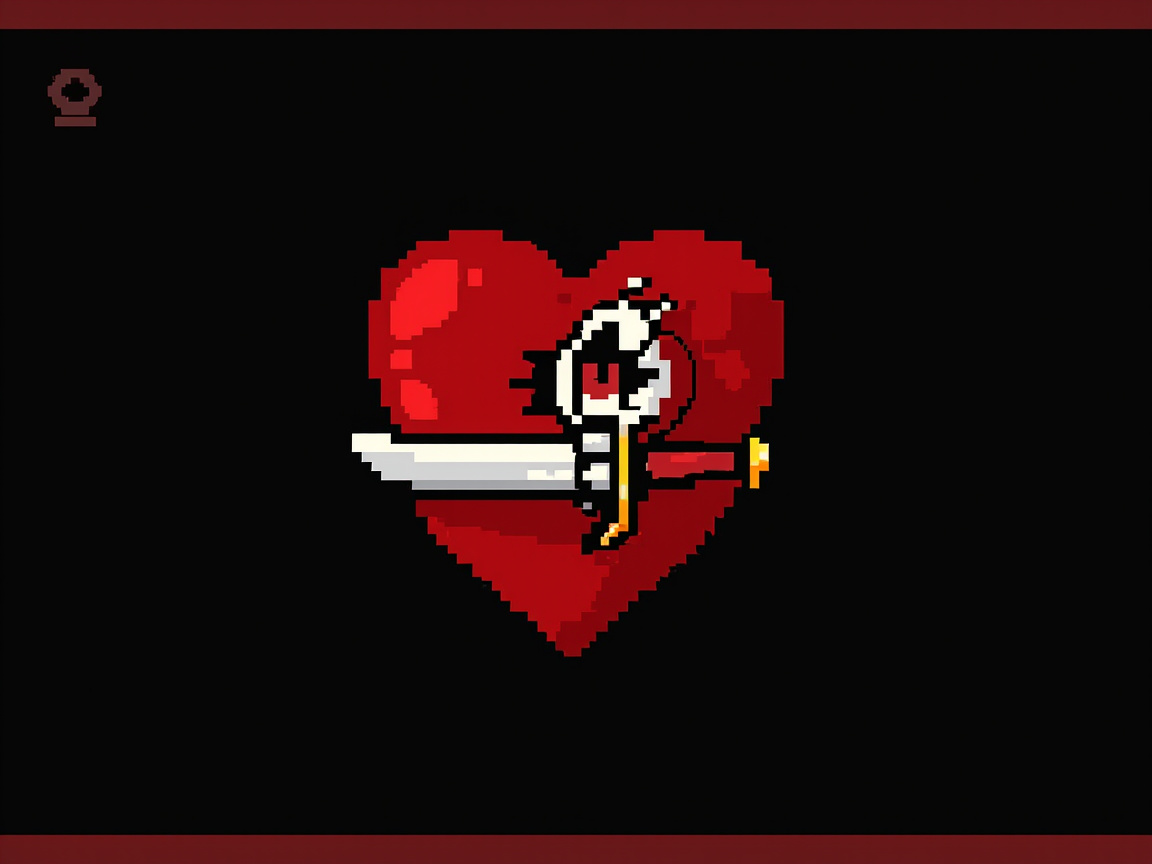 图中展示了一幅复古像素风格的插画，背景为纯黑色，上下边缘各有一条暗红色的边框。画面中心是一个巨大的红色爱心，爱心上叠加了一把横向穿过的短刀。短刀的刀刃呈银灰色，刀柄为红色并带有金色装饰。在刀柄与刀刃交界处，有一个白色的圆形图案，看起来像是一只带有红色瞳孔的眼睛。左上角有一个微小的暗红色像素图标，形状模糊，类似于一个小奖杯或符号。

从 AI 生成的角度来看，画面存在明显的逻辑与结构缺陷：首先，短刀的透视关系非常混乱，刀刃与刀柄似乎并不在同一水平线上，且刀刃直接漂浮在爱心前方，并没有表现出“刺入”或“穿过”的物理深度感。其次，中间的白色眼睛元素结构破碎，像素边缘杂乱，无法辨认其具体的连接逻辑。最后，左上角的图标像素分布不均，缺乏明确的形状定义，属于典型的 AI 随机生成的无意义色块。