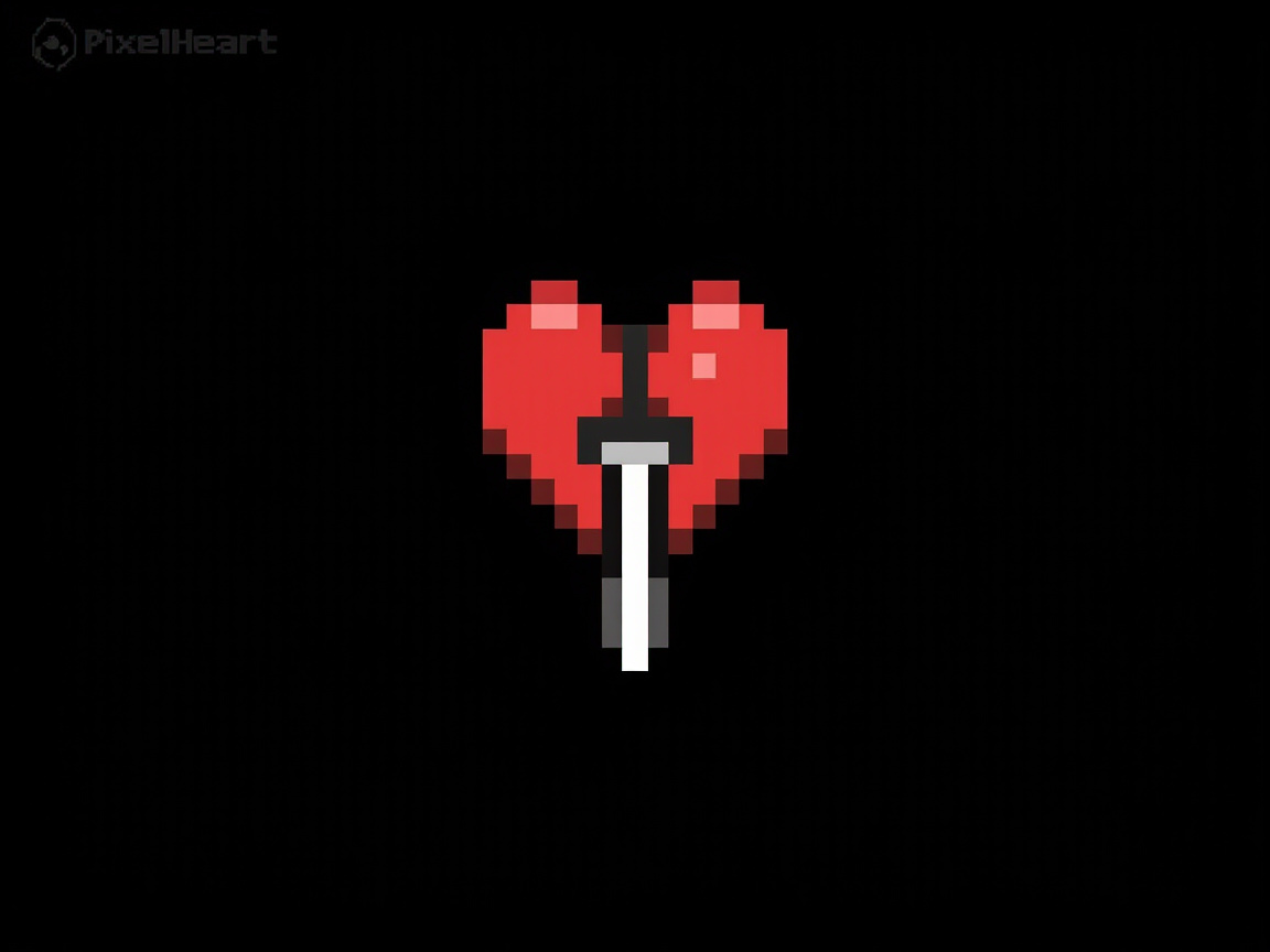 图中展示了一个在纯黑色背景中央的像素艺术风格图标。图标的主体是一颗红色的爱心，爱心由明显的方形像素块组成，呈现出复古电子游戏的视觉感。爱心的中心位置垂直插着一把短剑或匕首，剑柄为深灰色，剑身则由白色和浅灰色像素构成，向下延伸并穿出了爱心的底部。爱心的右侧有几块较浅的红色像素，模拟了光线照射下的高光效果。在画面的左上角，可以看到淡淡的白色文字“PixelHeart”以及一个微小的像素图标。从 AI 生成的角度来看，这幅画面的像素排列相对整齐，但在细节上存在一些逻辑瑕疵：剑柄与爱心连接处的黑色像素分布略显生硬，且剑身向下延伸的长度与上方剑柄的比例不完全对称，使得剑看起来像是一个悬浮在爱心表面的几何体，而非真实贯穿其中。此外，左上角的文字水印边缘略显模糊，带有 AI 模拟字体时常见的轻微不规则感。