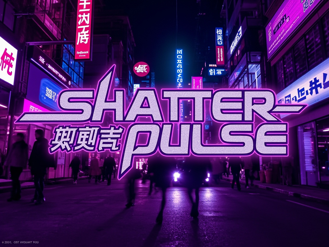 图中展现了一个充满赛博朋克风格的夜晚都市街景。画面以深紫色和霓虹粉色为主色调，街道两旁矗立着挂满发光招牌的高耸建筑，行人以剪影的形式在街道上走动，营造出一种科幻且略显压抑的未来感。画面的中心位置叠加了一个巨大的艺术化标题“SHATTER PULSE”，字体呈现银灰色金属质感，并带有亮紫色的霓虹边缘。

作为一张 AI 生成的图片，画面中存在明显的逻辑和细节缺陷。首先，背景建筑上的大量中文和日文风格的招牌文字完全无法辨认，属于无意义的笔画堆砌，甚至出现了扭曲变形的字符。其次，标题下方的几个中文字符也并非真实的汉字，而是 AI 模拟出的错误形状。此外，画面远处的行人肢体模糊，部分人影与背景环境的衔接显得生硬，缺乏真实的透视关系，这些都是典型的 AI 生成痕迹。