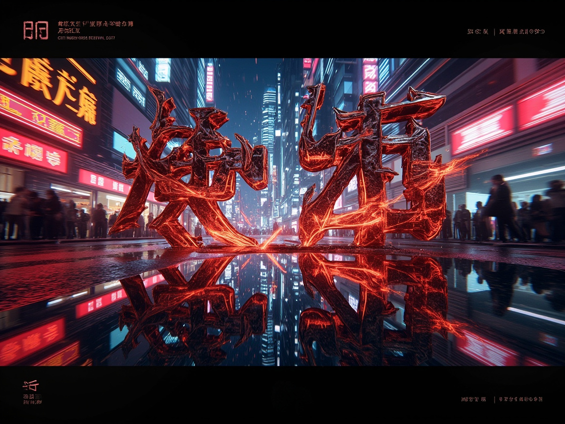 图中展示了一个充满赛博朋克风格的繁华都市夜景。画面中心是两个巨大的、具有金属质感的立体书法字体，它们呈现出暗黑色调，内部流淌着如岩浆般炽热的红色光芒，并伴有细微的闪电特效。这两个字矗立在潮湿的街道中央，地面清晰地倒映着字体和周围霓虹灯的红蓝光影。背景是高楼林立的街道，密布着密集的中文霓虹招牌，行人身影模糊地分布在两侧。

在 AI 生成的细节方面，存在明显的逻辑缺陷：首先，画面中的所有文字，包括背景招牌和顶部边缘的装饰性文字，均为无法辨认的乱码或扭曲的笔画，缺乏实际含义。其次，中心巨大的立体字结构杂乱，笔画交织方式不符合汉字书写逻辑。此外，透视关系略显生硬，背景行人的比例与动作显得僵硬且模糊，部分光影反射与实际物体的位置未能完全对应。