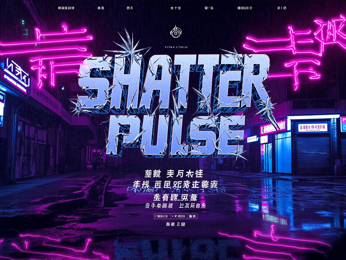 图中展示了一张具有赛博朋克风格的虚构海报，背景是一个阴雨绵绵的深夜街道。画面中心是巨大的、带有破碎玻璃质感的立体英文字体“SHATTER PULSE”，颜色呈现冷峻的浅蓝色。街道两旁点缀着明亮的霓虹灯，以玫紫色和青蓝色为主调，光影倒映在湿滑的路面上，营造出一种潮湿且充满科技感的氛围。构图采用中心对称分布，视觉冲击力较强。

然而，画面中存在明显的 AI 生成缺陷：首先，图片顶部和底部的文字均为无法辨认的乱码，虽然看起来像汉字或某种符号，但完全没有实际意义且笔画扭曲。其次，背景建筑的细节模糊，右侧店铺的招牌文字同样是破碎且无意义的符号。此外，画面两侧的紫色霓虹灯线条显得过于随意，缺乏真实的物理结构支撑，透视关系在边缘处略显生硬。