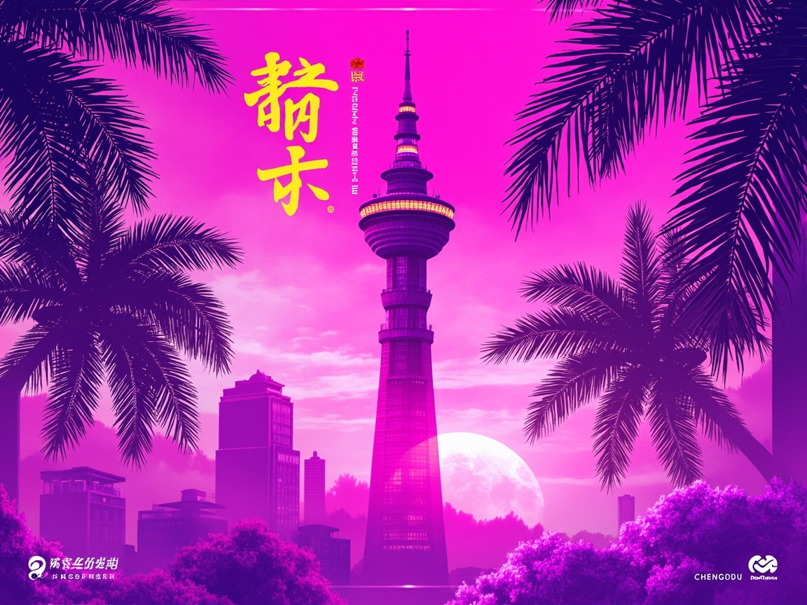 图中展示了一幅充满赛博朋克与复古未来主义风格的城市景观。画面以饱和度极高的亮粉色和紫色为主色调，营造出一种梦幻且超现实的氛围。中心位置矗立着一座巨大的电视塔，其造型酷似成都的四川广播电视塔，塔尖直插云霄。塔身下方有一轮巨大的淡白色满月正从地平线升起，被远处的建筑剪影部分遮挡。画面两侧对称地分布着深紫色的棕榈树叶剪影，如同相框般框住了中心美景。

画面左上方有两个醒目的明黄色手写体汉字，虽然笔画酷似“成都”，但实际上是 AI 生成的错误字符，无法辨认。汉字旁还有一串细小的、模糊不清的伪文字。画面底部左右两侧分布着一些白色的标志和文字，其中右下角的拼音将“CHENGDU”错误地拼写成了“CHENGODU”。此外，棕榈树叶的边缘锯齿感较强，部分叶片的生长逻辑略显生硬，体现了典型的 AI 生成痕迹。