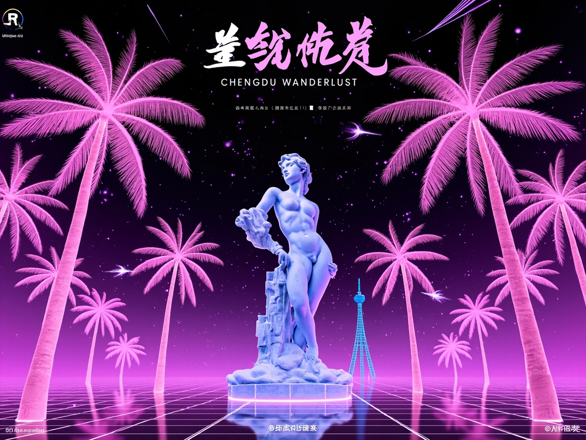 图中展现了一幅充满蒸汽波（Vaporwave）风格的超现实主义画面。中心位置是一座泛着淡蓝色荧光的古典风格女性雕塑，她体态优雅，立于发光的圆形底座上。背景是深邃的紫色星空，两侧对称排列着高大的粉紫色发光棕榈树，地面呈现为具有科幻感的紫色网格平面，倒映着景物。画面上方有粉色草书汉字和英文“CHENGDU WANDERLUST”。

在 AI 生成细节方面，存在明显的逻辑和结构缺陷：首先，画面顶部的汉字虽然笔画酷似书法，但实际上是无法辨认的乱码错字；下方的细小文字同样是模糊的虚假字符。其次，中心雕塑的身体结构异常，其右手臂与身体连接处模糊不清，手部结构扭曲，且雕塑下半身的比例与肌肉线条显得不自然。此外，背景中远处的蓝色塔状物（类似电视塔）结构简陋，与整体透视略有脱节。左上角的图标和底部的水印文字也均为无意义的图形堆砌。