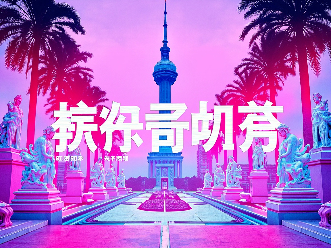 图中展现了一幅充满蒸汽波风格的超现实景观。画面中心是一座高耸入云的蓝色电视塔，背景是淡紫色的天空。两侧整齐排列着高大的棕榈树剪影，以及多座带有古典主义风格的白色大理石雕像，这些雕像被强烈的粉紫色霓虹灯光映照。画面中央横亘着几个巨大的白色艺术字，其下方还有两行较小的白色文字。构图呈现严格的中心对称，色彩以高饱和度的粉色、紫色和青蓝色为主，营造出一种梦幻且复古的未来感。

在 AI 生成的细节方面，画面存在明显的逻辑缺陷：首先，最醒目的白色大字并非真实的汉字，而是由类似汉字笔画构成的无意义符号，下方的两行小字也同样是无法辨认的乱码。其次，两侧的雕像造型模糊，部分肢体与底座融合，缺乏真实的结构细节。此外，远处的建筑和地面纹理在透视上显得有些生硬，棕榈树的叶片边缘也存在不自然的数字化锯齿感。