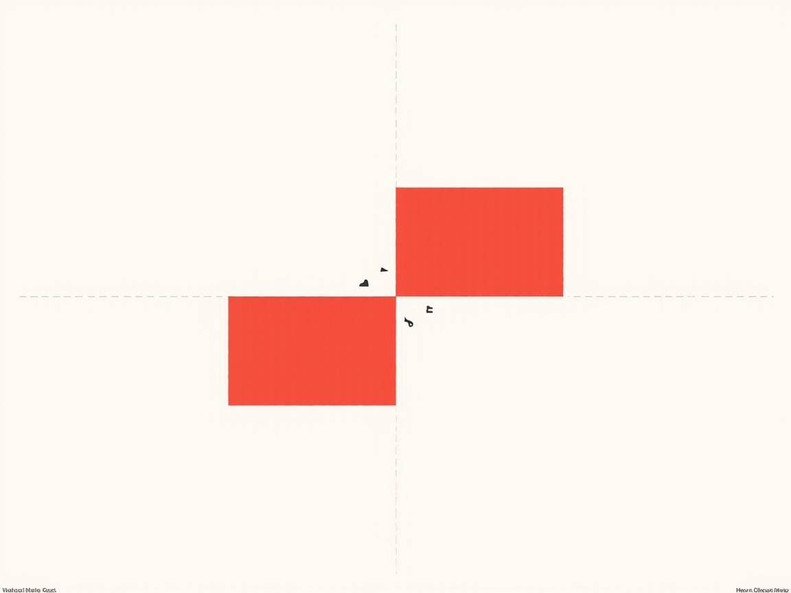 图中展示了一幅极简主义风格的平面设计作品。画面背景为纯净的米白色，中心由两条纤细的灰色虚线交叉构成一个十字坐标系。在坐标系的中心位置，两个鲜红色的矩形呈对角线分布：一个位于左下方，另一个位于右上方，它们在中心点精准衔接，形成一种平衡的几何美感。在红色矩形交汇的中心点周围，散落着几个微小的黑色符号，看起来像是音符或抽象的字母碎片，为静止的画面增添了一丝律动感。画面的左右下角分别有两行极小的黑色文字，但字迹模糊无法辨认。作为 AI 生成的图像，其明显的缺陷在于边缘的文字处理，这些文字并非真实的语言，而是由杂乱的像素点组成的虚假字符，且虚线在靠近边缘处有轻微的粗细不均，破坏了矢量设计的严谨感。