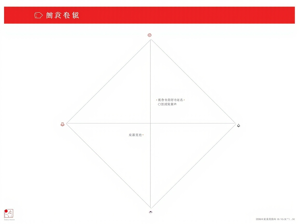 图中展示了一张构图极其简洁、具有中式极简设计风格的平面图。画面以纯白色为背景，顶部有一条醒目的鲜红色横条，横条左侧带有白色的艺术化图形和类似书法字体的字符。画面中央是一个由细灰色线条勾勒的大型正菱形，菱形内部被十字交叉线平分为四个小三角形区域。在菱形的四个顶点以及内部空间，散落着一些微小的、模糊的深色图标和疑似文字的符号。

这张图片存在明显的 AI 生成缺陷：最显著的问题在于文字内容，无论是顶部红条内的字符，还是画面中央及右下角的文字，全部都是无法辨认、逻辑混乱的乱码，看起来像是汉字与几何图形的随机组合。此外，菱形顶点处的小图标形状扭曲且不对称，缺乏实际的功能含义。整体画面虽然追求排版美感，但由于文字和符号的完全失效，导致其作为信息载体的功能缺失。
