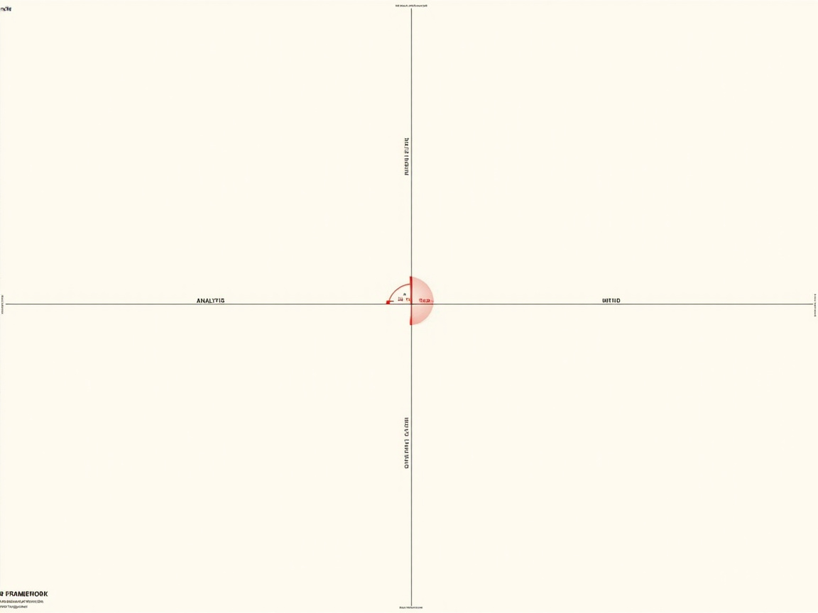 图中展示了一个极简主义风格的平面图表，背景为柔和的米白色。画面中心由两条纤细的黑色直线交叉构成一个大型的十字坐标系，将画面等分为四个象限。在坐标轴的中心交汇处，有一个淡红色的半透明圆形装饰，其右半部分颜色稍深，左侧则呈现出一个微小的直角标记。坐标轴的末端和线条上方分布着一些黑色的文字标签，左侧横轴上可以辨认出“ANALYSIS”字样。

这张图片具有明显的 AI 生成缺陷：首先，文字内容极度混乱，除了个别单词外，大部分字母都是破碎、扭曲且无法识别的乱码，甚至出现了镜像或重叠的字符。其次，线条的精细度不统一，中心红圈的边缘模糊且与坐标轴的衔接显得生硬。整体构图虽然追求对称，但文字的随机分布破坏了图表的逻辑性，使其看起来更像是一个模仿数据图表风格的抽象图形，而非具有实际意义的功能性图表。