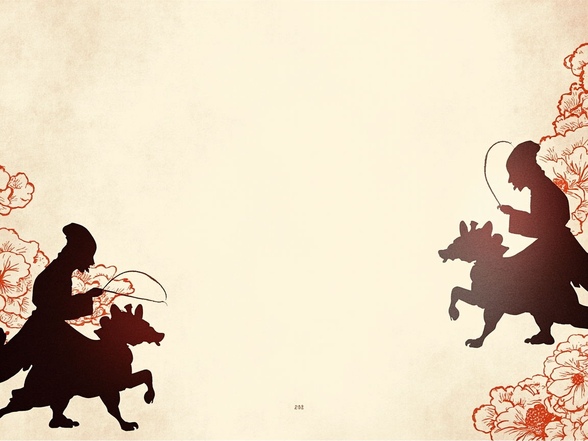 图中展示了一幅具有中国传统艺术风格的剪影画，背景是带有古旧质感的米黄色宣纸底色。画面左右两侧各有一组深褐色的剪影人物，他们头戴中式官帽，身披长袍，分别骑在两只神态生动的神兽背上，手中握着细长的鞭子或缰绳。画面四周点缀着橘红色的花卉线条，构图呈现出一种对称的装饰美感。然而，画面中存在明显的 AI 生成缺陷：首先，两组人物和神兽的剪影并非真实地“骑行”，而是人物的上半身直接悬浮或生硬地叠加在神兽背部，缺乏合理的身体连接；其次，神兽的肢体结构混乱，腿部线条模糊且数量异常，爪子的形状不符合生物逻辑；此外，人物手中的细线在末端突兀地断裂或扭曲，底部的花卉线条也显得细碎且不完整。画面正下方中心处还有一串模糊的小字符，疑似 AI 错误生成的乱码。