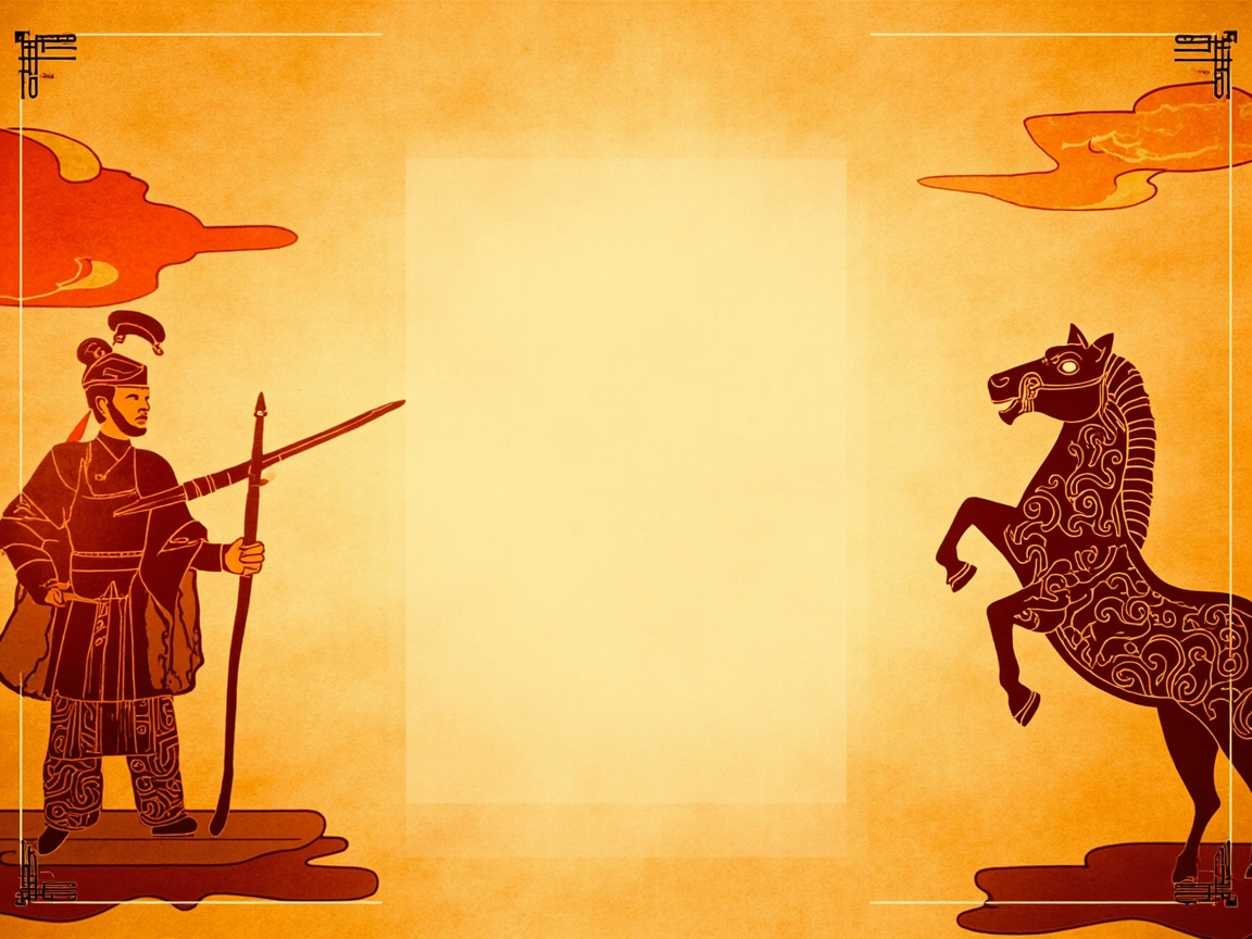 图中展示了一张具有中国传统艺术风格的背景图，整体色调呈现温暖的橙黄色，质感如同古旧的宣纸。画面构图对称，中心留有一块浅色的矩形空白区域，适合填充文字。左侧是一位身着古代盔甲、头戴战盔的武士剪影，他手持长矛，姿态威武；右侧是一匹前蹄腾空、作嘶鸣状的骏马剪影，马身布满了精美的祥云纹样。背景中点缀着几朵红色的简约祥云，四角带有古朴的黑色边框装饰。

在 AI 生成的细节方面，存在一些明显的逻辑缺陷：左侧武士手中的长矛结构异常，矛头与杆部的连接处出现了不自然的交叉和重叠，且武士握持武器的手部线条模糊，手指数量和抓握逻辑不清晰。此外，马匹的后腿与地面的连接处显得生硬，缺乏合理的透视支撑感。画面边缘的黑色装饰线条也存在粗细不均和断裂的情况。