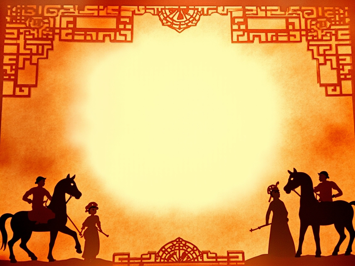 图中展示了一幅模仿中国传统影戏风格的艺术作品。画面整体呈现温暖的橙黄色调，中心是一个巨大的圆形亮区，仿佛是透光的幕布。画面的顶部和底部装饰有红色的镂空窗棂花纹，营造出古色古香的画框感。在画面底部，左右两侧分别排列着黑色剪影人物与马匹：左侧有一名骑马的武士和一名站立的随从；右侧则是一名站立的官员和一名牵马的士兵。

作为 AI 生成的图像，画面存在明显的逻辑与结构缺陷。首先，人物和马匹的剪影线条不够流畅，边缘显得生硬且不规则。左侧骑马者的腿部与马身融合模糊，且马的后腿比例失调。右侧站立人物的手部动作僵硬，手中握持的长杆状物体透视异常，似乎凭空悬浮。此外，顶部的红色花纹左右并不对称，部分线条出现了断裂和无意义的缠绕，缺乏传统剪纸或木雕应有的严谨结构。