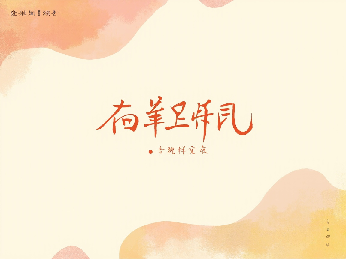 图中展示了一张具有中国风艺术气息的平面设计图。背景采用了柔和的米白色，四周点缀着淡橙色和浅黄色的水彩晕染边框，呈现出一种温暖且轻盈的视觉感。画面中心是几行红色的书法体文字，字体风格介于行书与草书之间，笔画流畅。然而，这张图片存在明显的 AI 生成缺陷：画面正中央的大字和下方的落款文字均为无法辨认的虚假字符，它们模仿了汉字的结构和笔画，但实际上并不是真实的汉字，无法阅读。此外，左上角和右下角的小字也同样是扭曲、模糊的乱码。整体构图简约对称，虽然营造出了古朴典雅的意境，但文字内容的逻辑缺失是其主要的 AI 痕迹。