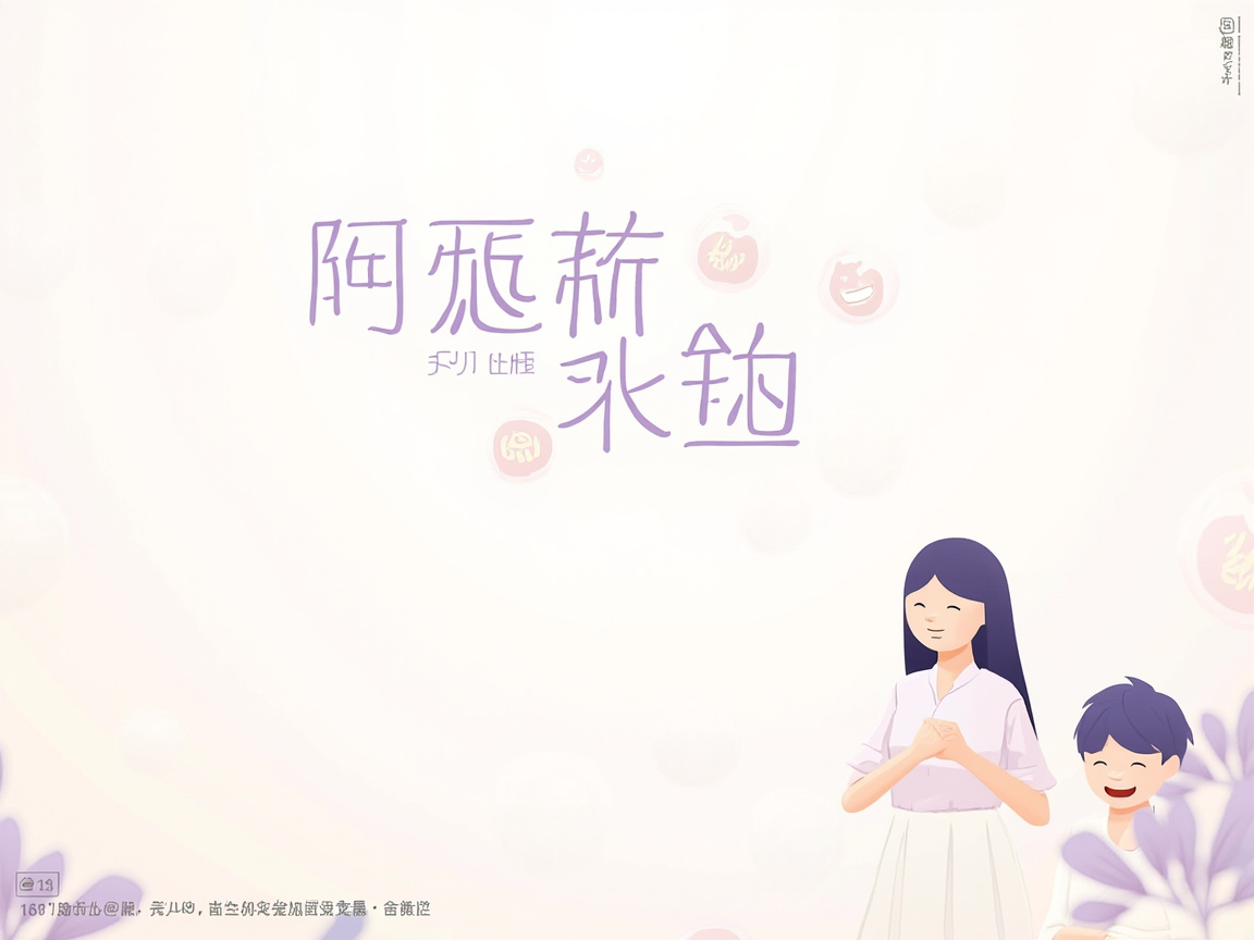 图中展示了一幅以淡紫色和白色为主色调的清新插画。画面背景简洁，点缀着一些模糊的圆形光斑和花卉元素。右下角站着两位卡通人物：一位留着紫色长发的女性，闭着眼露出温柔的微笑，双手交叠在胸前；她身边是一位紫色短发的男孩，正开心地笑着。画面中央上方分布着几行紫色的艺术字体，周围散落着几个带有图案的小圆球。

这张图片具有明显的 AI 生成缺陷。首先，画面中的文字完全无法识别，是由扭曲的线条组成的伪汉字，缺乏实际意义。其次，人物的手部结构异常，女性角色的双手融合在一起，手指数量和关节逻辑混乱，男孩的手部也模糊不清。此外，背景边缘和左下角的文字信息同样呈现为杂乱无章的乱码。整体构图虽然色彩和谐，但细节处的逻辑错误揭示了其 AI 生成的本质。