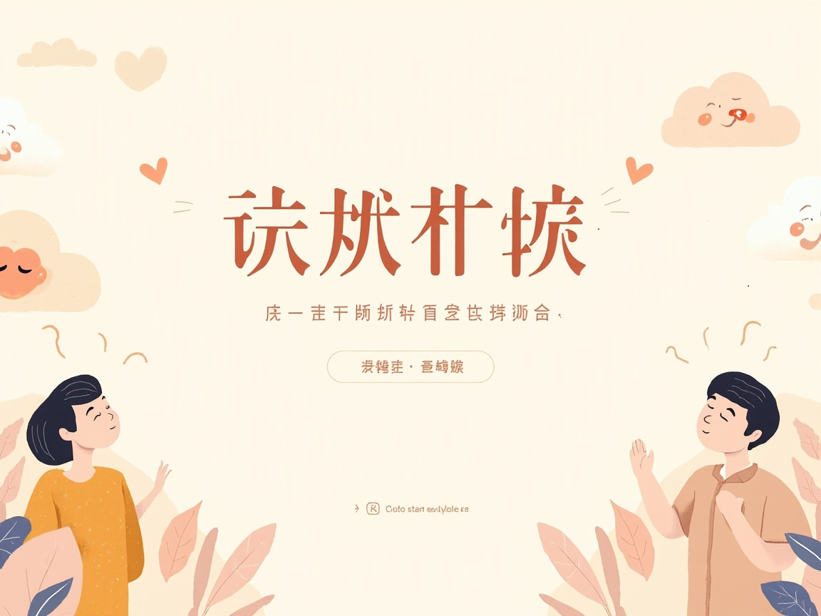 图中展示了一张采用暖色调设计的扁平化插画，背景为柔和的米黄色，整体氛围温馨且充满童趣。画面中心分布着多行文字，周围点缀着带有表情的云朵、爱心和植物叶片。左下角站着一位身穿黄色上衣的女性，右下角是一位身穿浅棕色短袖的男性，两人都闭着眼睛，面带微笑，呈现出一种轻松愉悦的神态。

然而，作为 AI 生成的图片，画面中存在明显的逻辑错误和缺陷。首先，画面中心的所有文字均为无法辨认的乱码，笔画扭曲且不符合任何已知语言的语法。其次，人物的手部处理非常模糊且不自然，尤其是右侧男性的右手，手指线条混乱，缺乏清晰的结构。此外，背景中的云朵表情略显诡异，部分装饰性的线条分布较为随意，缺乏设计逻辑。尽管色彩搭配和谐，但文字和细节处的失效揭示了其 AI 生成的本质。