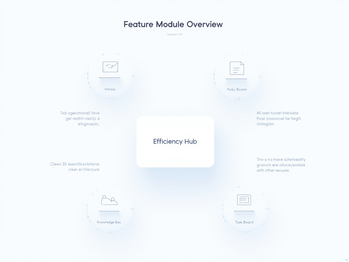 图中展示了一张极简风格的软件功能模块概览图，整体色调为淡雅的浅蓝色和白色，呈现出一种现代科技感。画面中央是一个圆角矩形白框，写有“Efficiency Hub”字样。围绕中心分布着四个圆形图标区域，分别代表不同的功能模块，每个图标下方配有简短的标题和说明文字。构图对称平衡，使用了柔和的投影效果来增加空间层次感。

然而，画面中存在明显的 AI 生成缺陷，主要体现在文字处理上。除了中心标题和底部的“Knowledge Bee”、“Task Board”尚可辨认外，四周的大部分说明文字均为无意义的乱码字母，笔画扭曲且无法拼读。此外，左上角和右上角的图标线条模糊，与其下方的文字一样存在拼写错误和字符重叠现象。整体视觉虽然整洁，但作为信息传达的图表，其文本内容的逻辑性和准确性完全缺失。