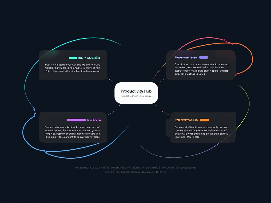 画面中展示了一张深蓝色背景的思维导图或概念演示图。中心是一个白色的圆角矩形框，写着“Productivity Hub”字样。从中心框向四周延伸出四条虚线，分别连接四个深灰色的半透明信息卡片。卡片周围环绕着青色、紫色、橙色和蓝色的流线型线条，形成一个动态的椭圆轮廓。每个卡片内都包含彩色的标题条和几行模拟文本。

这张图片具有明显的 AI 生成缺陷：除了中心标题外，所有卡片内的文字和底部的小字均为乱码，字母扭曲变形，无法辨认任何实际含义。环绕的彩色线条在交汇处显得生硬且不连贯，部分线条出现了破碎的锯齿状边缘。此外，卡片内的彩色装饰条形状不规则，整体排版虽然看起来具有科技感，但细节上的文字错误使其失去了实际的功能性。