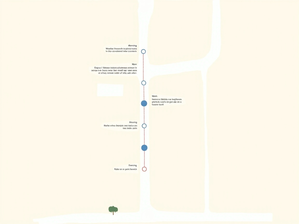 图中展示了一张极简风格的信息图表，背景为柔和的米白色。画面中央有一条垂直的浅红色虚线，线上分布着六个圆形标记，从上到下排列，圆圈的颜色在深蓝色、浅蓝色和空心圆之间交替。虚线两侧分布着一些类似文字的排版块，底部则有一棵非常微小的绿色树木图标。整体构图呈现出一种时间轴或流程图的视觉效果，色调清淡且留白极多。

画面中存在明显的 AI 生成缺陷：最显著的问题是所有的文字内容。虽然排版模仿了英文段落，但仔细观察会发现这些文字全是无法辨认的乱码和扭曲的字母组合，完全不具备实际含义。此外，背景中的色块边缘略显模糊，垂直虚线与背景路径的衔接处缺乏逻辑，左侧还有一个意义不明的白色矩形空块。整体设计虽然维持了极简的审美，但在细节功能性上完全失效。