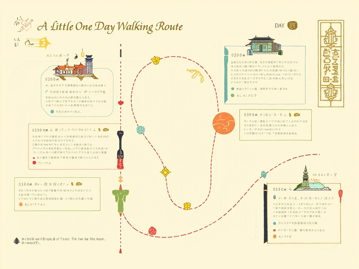 图中展示了一张米黄色背景的手绘风格旅游路线图，标题为“A Little One Day Walking Route”。画面构图错落有致，一条由红色虚线组成的环形路线贯穿中心，路线上点缀着黄色星星、绿色和服、红色灯笼等可爱的小图标。画面四周分布着五个淡色调的说明框，每个框内都配有精美的小插画，如古风建筑、塔楼和风景，并附有看似详尽的文字说明。整体色调柔和，呈现出一种清新、治愈的插画风格。

然而，作为一张 AI 生成的图片，画面中存在明显的逻辑缺陷。最显著的问题是文字处理：除了顶部的英文标题外，所有说明框内的文字均为无法辨认的乱码，笔画扭曲且毫无意义，甚至右侧长条框内的文字呈现出一种伪造的象形符号感。此外，部分图标的透视略显扁平，线条衔接处不够自然，虽然视觉上具有美感，但并不具备实际的阅读和导向功能。