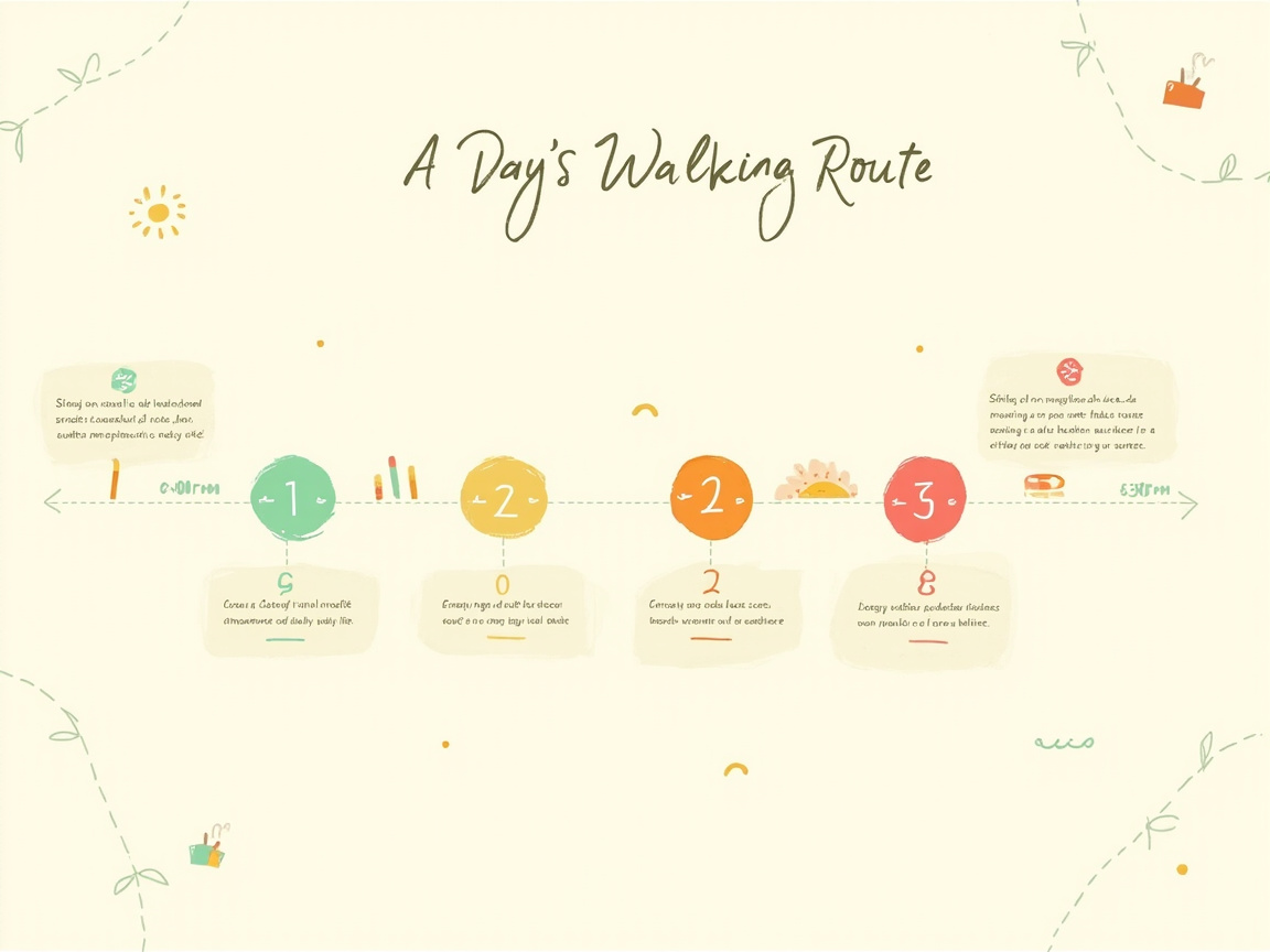 画面中展示了一张手绘插画风格的“一日徒步路线图”，整体色调为柔和的米黄色，点缀着清新的马卡龙色。画面中心有一条虚线贯穿左右，上方用深绿色手写体写着标题“A Day's Walking Route”。虚线上分布着四个圆形节点，颜色分别为薄荷绿、淡黄色、橙色和红色，圆圈内标有数字。每个节点上下方都配有淡色的文字方块。背景中散落着太阳、云朵、小草和虚线路径等可爱的小装饰。

作为 AI 生成的图片，画面存在明显的逻辑与文字缺陷：首先，圆圈内的数字排序混乱，从左到右依次为“1”、“2”、“2”、“3”，出现了重复的数字；其次，画面中所有的说明文字均为无法辨认的乱码字符，看起来像字母但并无实际含义；此外，部分小图标如右侧的“面包”和顶部的“收音机”形状略显扭曲，缺乏明确的细节定义。整体构图虽然美观，但作为信息图表并不具备实际的阅读功能。
