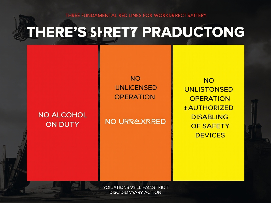 图中展示了一张关于工作安全规定的宣传海报，背景是模糊的深色工业作业现场。画面中心并排排列着三个醒目的彩色长方形色块，从左至右依次为红色、橙色和黄色。红色块上写着“NO ALCOHOL ON DUTY”（严禁酒后上岗），橙色和黄色块上也印有关于无证操作和安全装置的警示文字。海报顶部有一行红色小字和一行巨大的白色标题。

这张图片具有明显的 AI 生成缺陷，主要体现在文字拼写和排版上：顶部的白色大字标题出现了严重的拼写错误，如“5HRETY”和“PRADUCTONG”等无法辨认的单词；橙色块下方的文字扭曲重叠，形成了乱码；黄色块中的“UNLISTONSED”拼写错误，且下方出现了一个奇怪的数学符号“±”；海报最底部的免责声明文字也存在大量字母畸变和拼写错误，如“VOILATIONS”、“FAE”和“DISCIDILIMARY”。此外，背景中的工业设备轮廓模糊且结构不合逻辑，呈现出典型的 AI 幻觉特征。