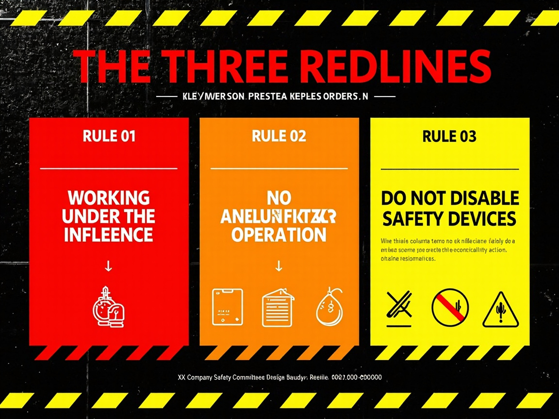 图中展示了一张以工业安全为主题的海报，背景为粗糙的黑色质感墙面。画面顶部和底部装饰有醒目的黄黑相间斜纹警戒线。海报上方用鲜红色大号字体写着“THE THREE REDLINES”，下方并排排列着红、橙、黄三个矩形色块，分别代表三项安全准则。红色块对应准则一，橙色块对应准则二，黄色块对应准则三。每个色块内包含标题、警示文字和简笔图标。

这张图片存在明显的 AI 生成缺陷，主要体现在文字拼写和图形逻辑上。准则一中的“INFLUENCE”被错误拼写为“INFLEENCE”；准则二中间的文字完全扭曲重叠，无法辨认，下方的三个白色图标线条杂乱，缺乏明确含义；准则三下方的警示图标中，原本应为禁止或警告的符号变成了模糊的仙人掌状物体。此外，海报最下方的公司名称和说明文字也是一串毫无意义的乱码字母。整体构图虽然规整，但细节处的逻辑错误揭示了其 AI 生成的本质。