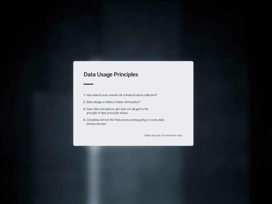 图中展示了一个悬浮在深色模糊背景中央的白色圆角矩形对话框。对话框的标题为“Data Usage Principles”（数据使用原则），下方有一条粗黑的装饰短线。标题下方列出了四个编号项目，似乎是关于数据使用的准则或问题。背景呈现出深灰色到黑色的渐变，中心有一道模糊的垂直亮光，营造出一种简约、科技感的视觉氛围。

然而，画面中存在明显的 AI 生成缺陷，主要体现在文字内容上。虽然大标题清晰可辨，但下方的四行正文及右下角的署名文字均出现了严重的拼写错误和字符扭曲。例如，第一项中的单词重叠模糊，第二项中的“storage”被错误拼写，第三和第四项中充斥着大量无法识别的乱码单词。这些文字虽然在排版上模仿了真实的列表，但实际上并不具备可读性，是典型的 AI 渲染文字失败的表现。
