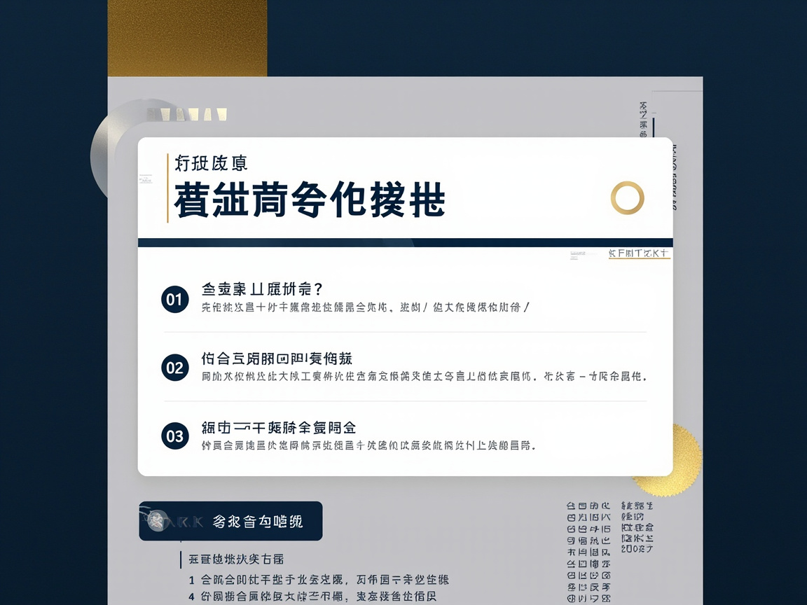 图中展示了一张具有商务设计感的平面设计海报或幻灯片页面。背景采用深蓝色与浅灰色的色块拼接，左上角和右下角点缀着带有金属质感的金色圆形和纹理元素，整体色调显得稳重且专业。画面中央是一个巨大的白色圆角矩形浮层，上方排列着三个带有数字编号（01、02、03）的列表项。

然而，这张图片存在明显的 AI 生成缺陷，主要体现在文字内容上。画面中所有的文字，无论是标题还是正文，均为无法辨认的乱码字符。这些字符看起来像是汉字、拉丁字母与几何符号的扭曲结合体，完全不具备实际的语义阅读功能。此外，部分线条的边缘略显模糊，右下角的金色圆形装饰边缘呈现出不自然的锯齿状。整体构图虽然模仿了现代 UI 设计的排版布局，但由于文字信息的缺失和错乱，该图片仅能作为视觉风格的参考，无法传递任何具体信息。