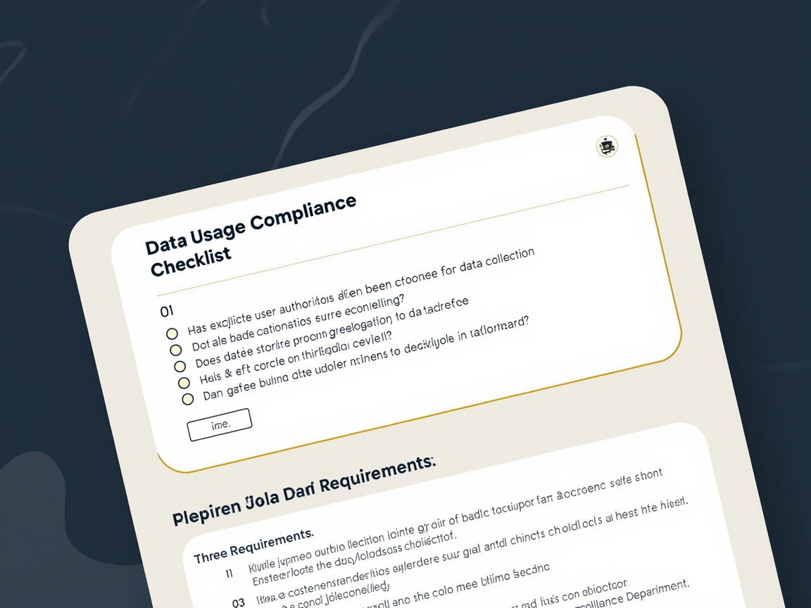 图中展示了一张以深蓝色为背景的 UI 设计稿，主体是一个带有圆角的米白色卡片，呈现出一种现代、简约的办公文档风格。卡片上方印有黑色加粗标题“Data Usage Compliance Checklist”，下方排列着五个带有空心圆圈的复选框列表。画面构图采用了倾斜的透视角度，增加了视觉的动感。整体色调柔和，使用了米白、深蓝和淡金色的线条作为点缀。

画面中存在明显的 AI 生成缺陷，主要体现在文字内容上：除了大标题外，列表中的英文单词大多是破碎且无意义的乱码，字母笔画扭曲，无法正常阅读。下半部分的次级标题“Plepiren Jola Dari Requirements”同样存在拼写错误。此外，左下角的一个小按钮内文字模糊不清，右上角的小图标也呈现出不规则的杂乱色块，缺乏明确的图形含义。这些特征表明该图片是由 AI 模拟生成的视觉草图，而非真实的文案设计。