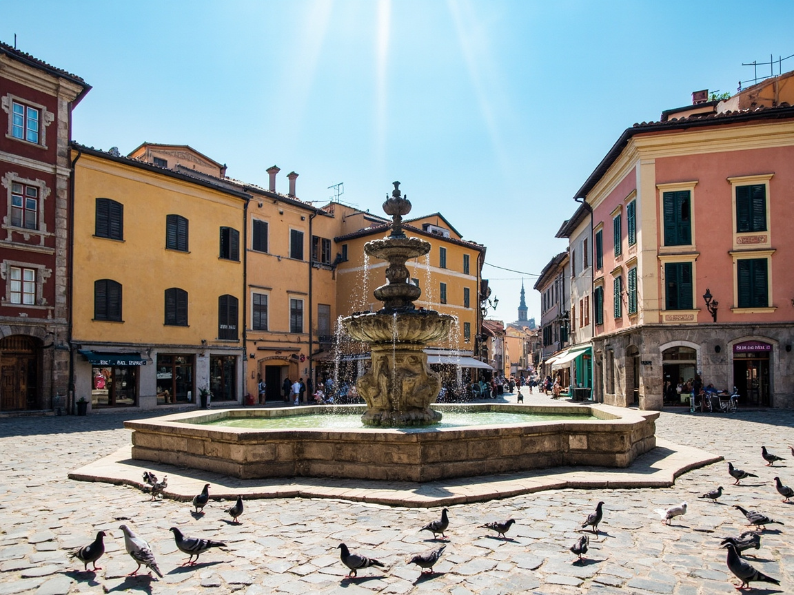 图中展现了一个充满欧洲风情的阳光广场，中心矗立着一座多层石质喷泉。广场地面由不规则的青灰色石砖铺就，前景中散布着十几只鸽子在觅食。环绕广场的是色彩明快的建筑，墙面呈现姜黄、粉红和砖红色，带有典型的百叶窗设计。正午的阳光从画面顶部直射而下，形成强烈的明暗对比。然而，画面中存在多处明显的 AI 生成缺陷：首先，前景中的鸽子形态诡异，部分鸽子缺失腿部或头部，有的身体结构扭曲，甚至出现了半透明的残影；其次，喷泉的水流线条生硬且不自然，水池边缘的透视关系略显混乱；远景中的行人身影模糊且肢体比例失调，左侧建筑底部的招牌文字也呈现为无法辨认的乱码。整体构图虽然和谐，但细节处的逻辑错误揭示了其 AI 生成的本质。