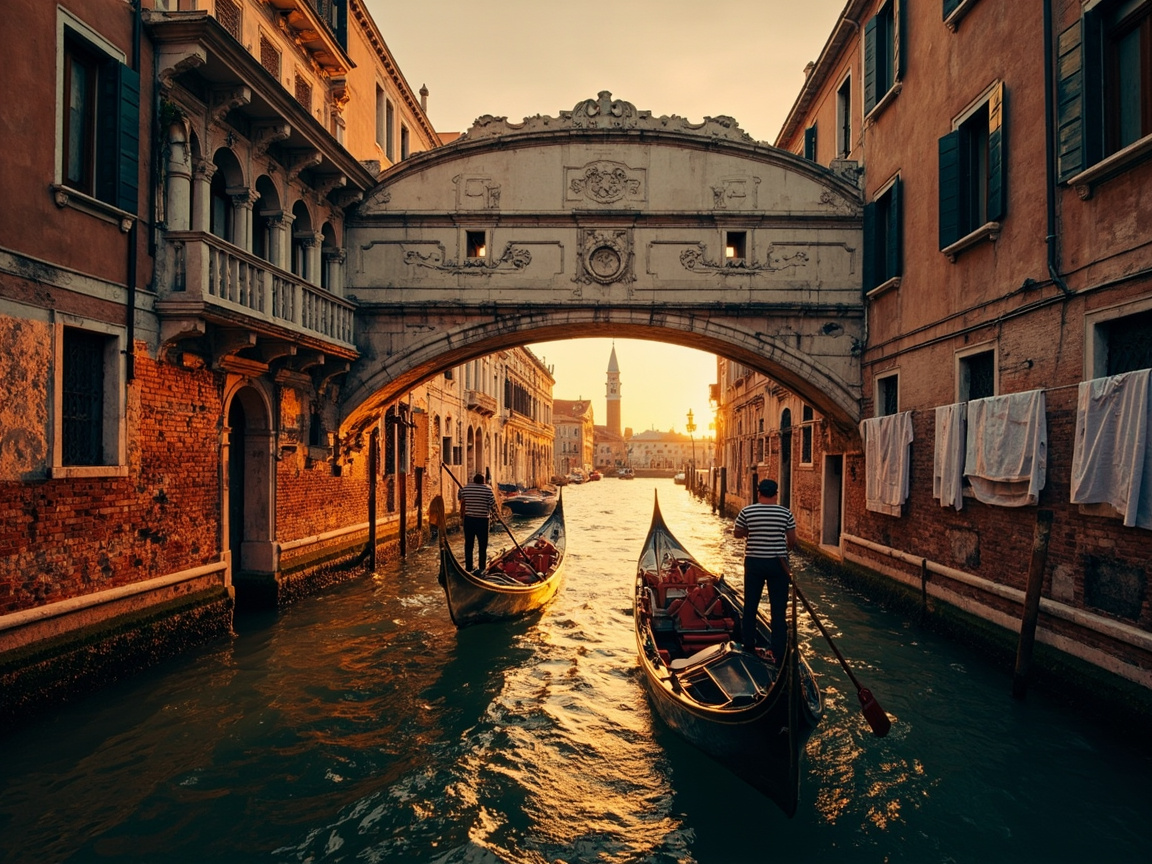 图中展现了威尼斯叹息桥在夕阳下的壮丽景色。画面中心是一座横跨河道的白色石质拱桥，桥身雕刻精美，连接着两岸古老的红砖建筑。桥下，两艘标志性的贡多拉小船正迎着金色的余晖缓缓行驶，船夫身穿横条纹上衣，手持长桨。阳光将水面染成了波光粼粼的橙黄色，远处的钟楼在光晕中若隐若现，营造出一种宁静而浪漫的意境。

画面中存在一些明显的 AI 生成缺陷：首先，右侧贡多拉船夫手中的长桨在接触水面处发生了透视断裂，且其身体比例略显僵硬；其次，左侧建筑的阳台柱子排列不够自然，部分雕刻细节模糊且不对称；此外，右侧墙壁上悬挂的白色织物纹理过于整齐且缺乏自然的褶皱重力感，桥梁底部的阴影衔接也略显生硬。