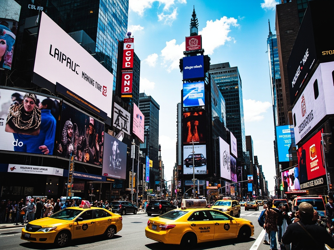 图中描绘了一个繁忙的都市广场，风格酷似纽约时代广场。画面采用仰视视角，两侧矗立着高耸入云的摩天大楼，楼体表面覆盖着密密麻麻的巨型电子广告牌。街道上车水马龙，几辆标志性的黄色出租车在前景中格外醒目。天空呈现明亮的蓝色，点缀着些许白云。整体色彩鲜艳夺目，充满了现代都市的快节奏感。

然而，画面中存在明显的 AI 生成缺陷。首先，所有广告牌上的文字均为无意义的乱码或扭曲的字母，如左侧巨大的白色牌子上写着“LAIPAU”等错误拼写。其次，广告牌上的人物肖像比例失调，面部特征模糊且略显诡异。在细节处，街道远景的人群和车辆呈现出融化状的笔触，缺乏清晰的轮廓。右侧建筑的透视线条在交汇处显得不够自然，部分招牌的悬挂逻辑也违背了物理常识。