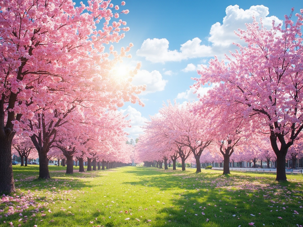 画面中展现了一幅充满春天气息的樱花大道景象。两排繁茂的樱花树整齐地排列在翠绿的草坪两侧，向远方延伸，树上开满了粉红色的花朵，犹如云霞般灿烂。阳光从左上方的树缝间洒下，形成明亮的光晕，照亮了湛蓝的天空和朵朵白云。草地上散落着粉色的花瓣，光影交错，营造出一种梦幻而宁静的氛围。

作为一张 AI 生成的图片，画面中存在一些明显的逻辑缺陷：首先是透视和比例异常，远处的树木排列过于密集且形状高度重复，缺乏自然生长的随机性；其次，左侧近处树干的纹理显得模糊且不自然，部分细小枝条与花簇的连接处呈现出一种粘连感；此外，草地上的光影分布与光源位置并不完全吻合，背景中隐约出现的建筑和车辆轮廓也显得扭曲且不完整。尽管整体色彩绚丽，但细节处缺乏真实摄影的质感。