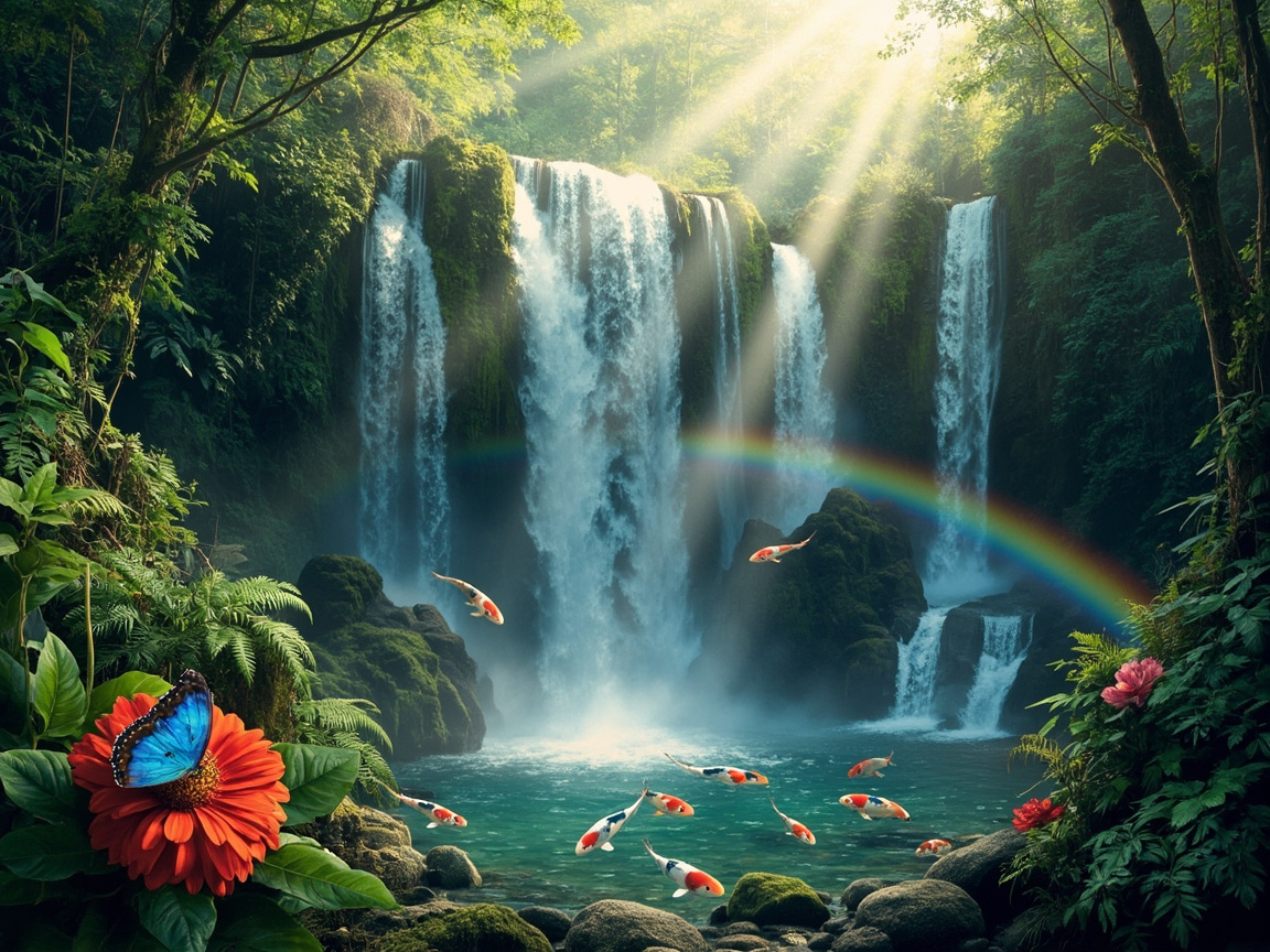 图中展现了一幅充满奇幻色彩的森林瀑布景观。画面中心是几道宽阔的白色瀑布，从布满青苔的悬崖上倾泻而下，落入清澈的青绿色水潭中。阳光从右上方的树丛间穿透，形成数道明亮的丁达尔光柱，并在水雾中映射出一道绚丽的彩虹。左下角近景处有一朵硕大的橙红色花朵，上面停憩着一只翅膀呈亮蓝色的蝴蝶。水潭中和半空中游动着许多红白相间的锦鲤，营造出一种超现实的梦幻感。

画面存在明显的 AI 生成缺陷：最显著的是物理逻辑异常，多条锦鲤违背重力在瀑布前的半空中“飞行”，且水面上的鱼群分布过于密集且透视关系生硬。此外，左侧蝴蝶的翅膀纹理与真实生物结构有所出入，远处的树枝细节在光影交接处显得模糊且结构混乱，部分岩石的纹理呈现出不自然的平滑感。
