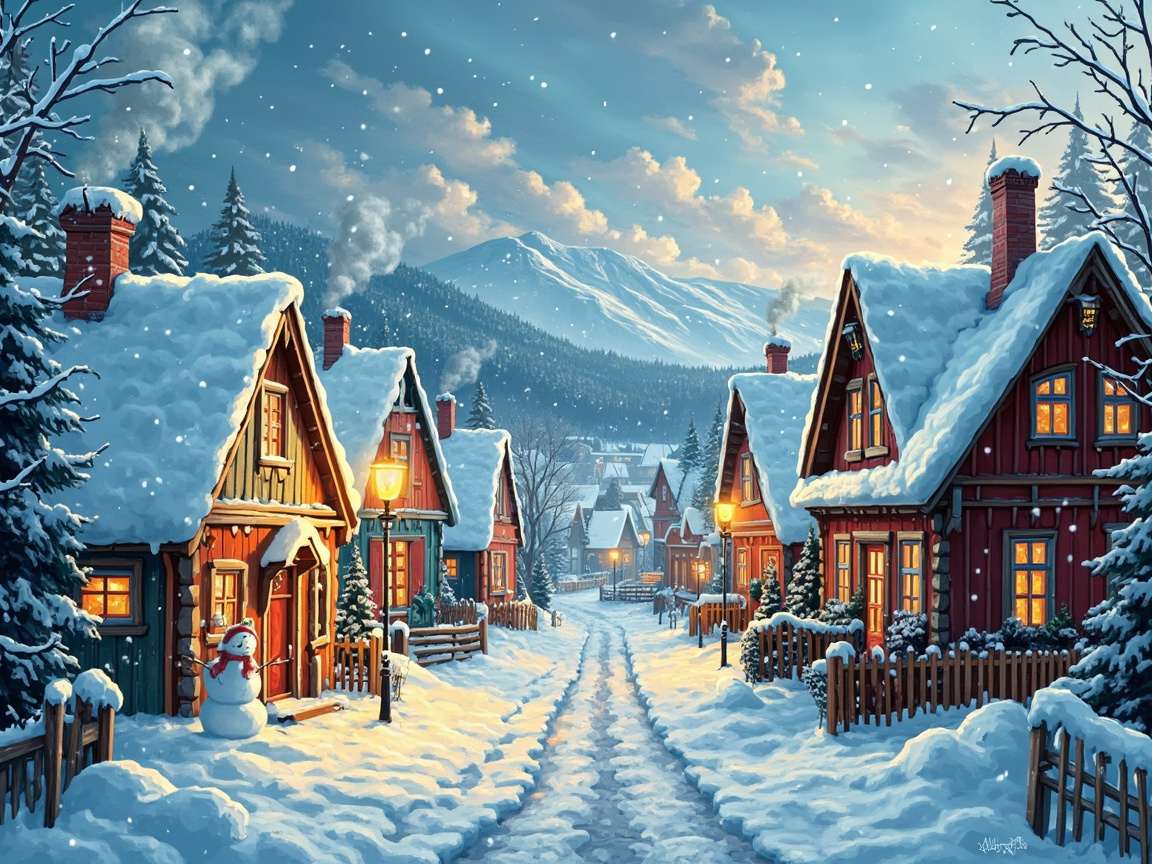 图中展现了一个充满童话色彩的冬日雪景小镇。画面中心是一条被厚雪覆盖的街道，两旁排列着红色的木质尖顶小屋，屋顶覆盖着厚厚的积雪。远景是连绵的雪山和茂密的针叶林，天空呈淡蓝色，飘着细小的雪花，阳光从云层中透出，为整个场景镀上了一层温暖的金边。左前方有一个戴着红帽子和围巾的小雪人，路灯散发出橘黄色的光芒，与房屋窗户透出的灯光相呼应，营造出温馨宁静的氛围。

在 AI 生成的细节方面，存在一些明显的逻辑缺陷：画面右下角的木栅栏结构混乱，线条交错不自然；部分房屋的烟囱排出的烟雾方向不一，且烟雾的质感略显僵硬；左侧路灯的灯杆在雪地里的阴影与光源位置不完全匹配；此外，仔细观察会发现部分窗户的格栅形状扭曲，远处的房屋轮廓也显得有些模糊和重叠，缺乏真实的透视逻辑。