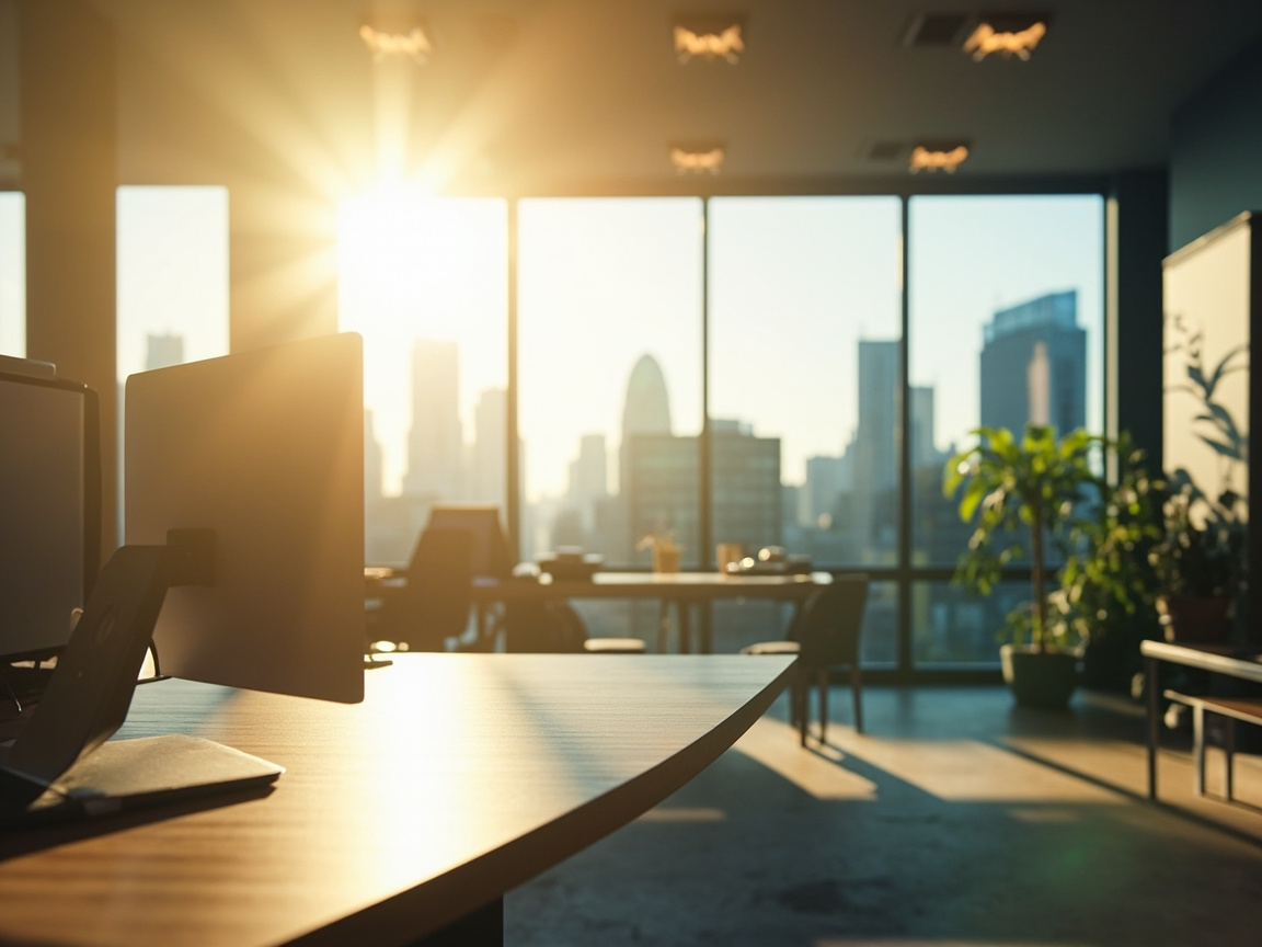 图中展示了一个现代化的开放式办公室场景，正值清晨或傍晚，温暖强烈的阳光透过巨大的落地窗洒入室内。画面前景是一张木质办公桌的边角，上面放着一台电脑显示器的背面，金属支架细节清晰。中景处可以看到几张办公桌椅和一盆茂盛的绿色植物。背景通过透明玻璃窗呈现出模糊的城市天际线，高楼林立，阳光在左上角形成了明显的放射状光晕，整体色调以温馨的橙黄色和深蓝色为主，光影对比强烈。

在 AI 生成的细节方面，存在一些明显的逻辑缺陷：天花板上的灯具形状怪异且排列杂乱，看起来像是悬浮的碎片而非真实的照明设备；窗外的建筑轮廓过于模糊且结构不合理，缺乏现实建筑的逻辑感；此外，前景显示器的支架连接处显得有些生硬，缺乏真实的物理衔接细节。