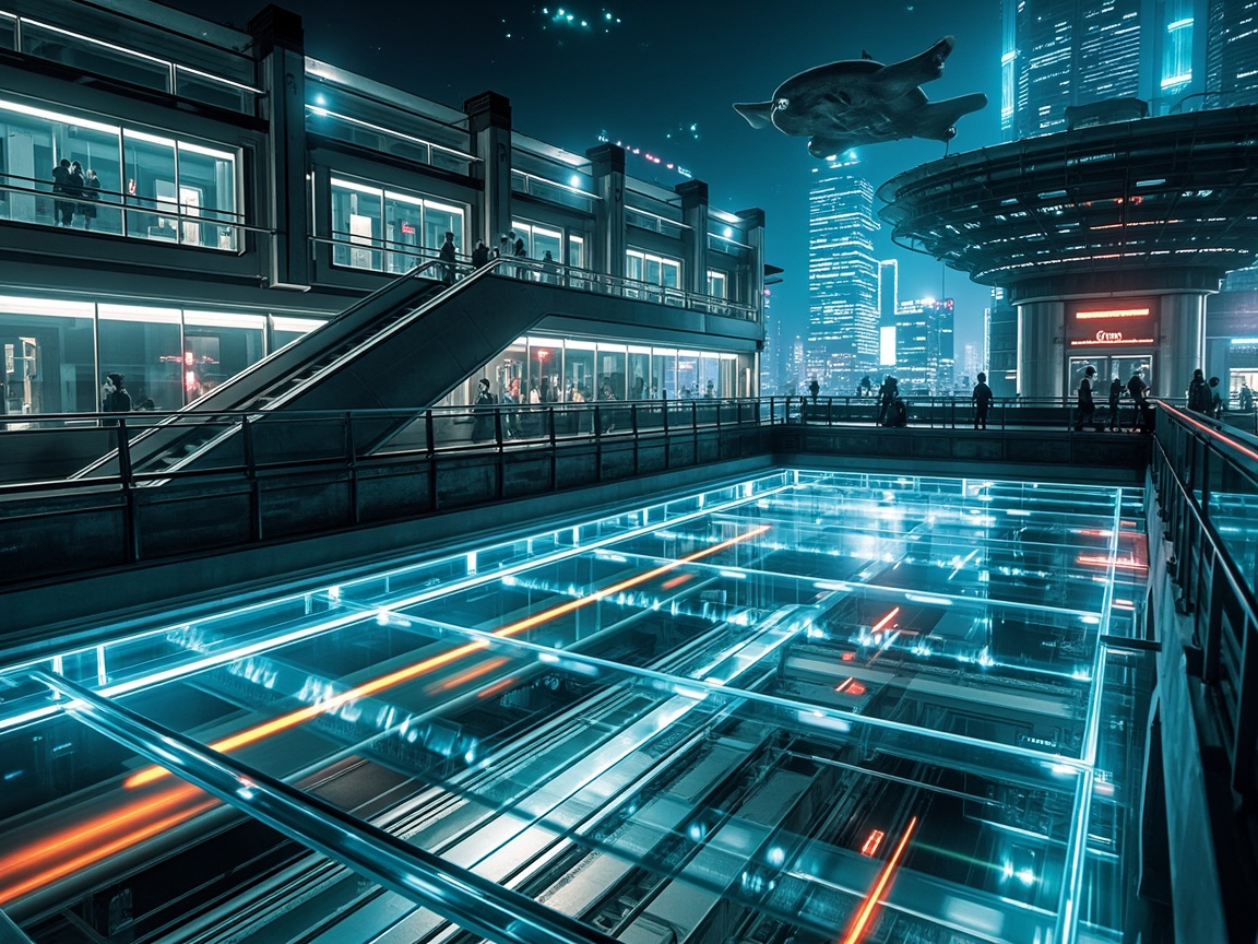 画面中展现了一个充满科幻感的未来城市夜景。构图采用俯视视角，前景是一个巨大的透明玻璃平台，下方隐约可见复杂的机械结构和流动的橙色光束，仿佛是某种能源传输系统。中景是一座多层的现代化建筑，带有露天走廊和扶梯，许多黑色剪影般的人物在其中穿行。背景是高耸入云的摩天大楼，闪烁着冷蓝色的灯光，天空中还悬浮着一架造型奇特的深色飞行器。整体色调以冷峻的青蓝色为主，辅以少量的橙色光效，营造出一种赛博朋克的氛围。在 AI 生成的细节方面，存在一些明显的逻辑缺陷：左侧扶梯的结构与楼层连接处显得模糊且不合常理；建筑玻璃窗内的人物形态扭曲，缺乏清晰的肢体轮廓；右侧飞行器的造型缺乏对称性，且悬停位置与周围建筑的透视关系略显生硬，部分栏杆的线条在交汇处也出现了断裂或重叠。