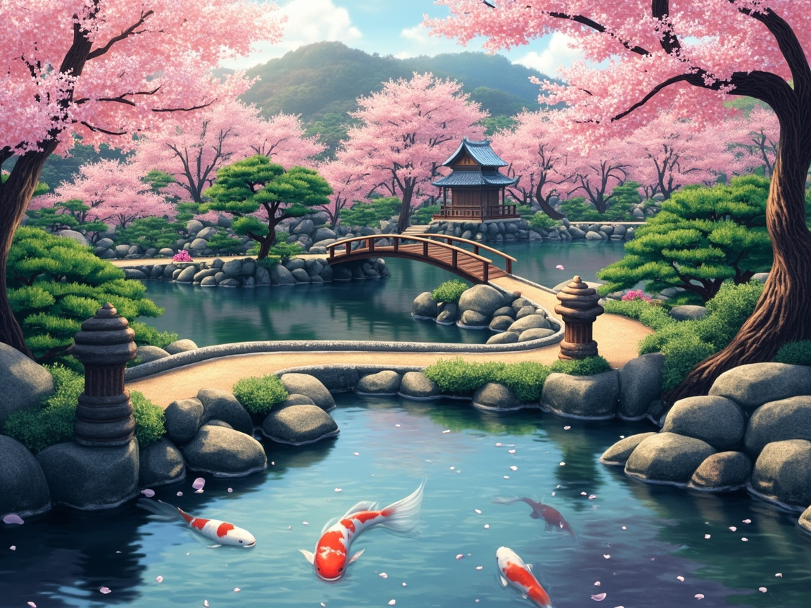 图中展现了一幅充满禅意的日式园林景观，色彩以粉色、翠绿色和深灰色为主。画面中央是一个平静的池塘，几条红白相间的锦鲤在清澈的水中游弋，水面上散落着些许粉色花瓣。池塘周围环绕着错落有致的灰色岩石和修剪整齐的绿色灌木。一条蜿蜒的砂石小径通向一座木质拱桥，远方坐落着一座传统的日式木质凉亭。背景是漫山遍野盛开的粉色樱花树，在柔和的阳光下显得格外绚烂。构图采用了左右对称的树木作为前景框架，增强了空间深远感。

在 AI 生成的细节方面，存在一些明显的逻辑缺陷：画面前方的锦鲤形态略显僵硬，其中一条鱼的尾部与水面融合得不够自然；左侧小径旁的石灯笼结构模糊，缺乏真实的雕刻质感；远处的木桥与小径的连接处透视关系稍显生硬，且部分樱花树的分支结构过于密集且重复，呈现出一种超现实的人工合成感。