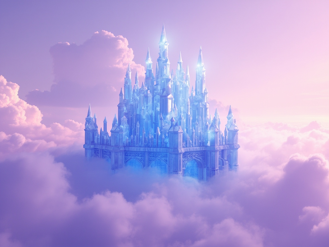 图中展现了一座梦幻般的晶体城堡，它静静地悬浮在漫无边际的紫色云海之上。整幅画面以柔和的粉紫色和冰蓝色为主调，营造出一种超凡脱俗的仙境氛围。城堡结构复杂，拥有众多高耸入云的尖塔，塔尖闪烁着晶莹的光泽，仿佛是由冰块或透明水晶雕琢而成。阳光从右侧洒下，为云层镀上了一层淡淡的金粉色。然而，作为一张 AI 生成的图片，画面中存在一些明显的逻辑缺陷：城堡的建筑结构缺乏合理的透视支撑，许多细小的尖塔在空间分布上显得过于拥挤且杂乱，部分塔尖的线条出现了断裂或模糊。此外，城堡底部的拱门与云层的交界处处理得不够自然，缺乏真实的阴影投射，使得整座建筑看起来更像是一个漂浮的贴图，而非实体的建筑。