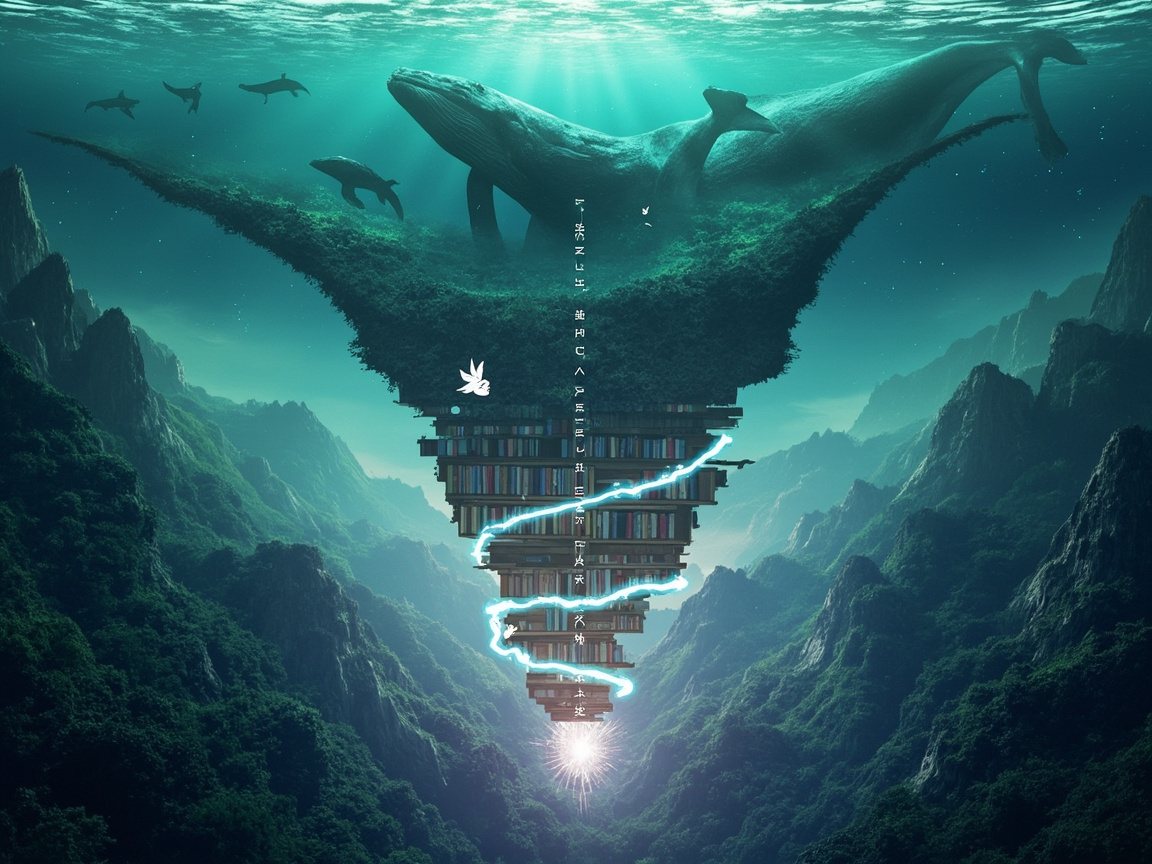 画面中呈现了一个充满超现实主义色彩的奇幻场景。构图采用中心对称的倒三角形结构，上半部分是波光粼粼的深蓝色海面，几头巨大的座头鲸在水中优雅地游动，阳光从水面透射下束束光柱。画面的核心是一个悬浮在群山峡谷上方的倒置锥体，其顶部覆盖着茂密的绿色植被，下方则是由无数书籍堆叠而成的倒金字塔书架。一道亮蓝色的电光环绕着书架盘旋而下，底端汇聚成一团耀眼的白色光芒。背景是连绵起伏、覆盖着森林的绿色山脉，整体色调以深绿、青蓝和荧光蓝为主，营造出一种神秘而静谧的氛围。

在 AI 生成的细节方面，存在明显的逻辑缺陷：画面中央垂直排列的文字并非任何真实语言，而是杂乱无章的虚假字符；书架的结构在透视上显得扭曲且不切实际，书籍的边缘模糊并与背景融合；此外，最上方鲸鱼的身体结构略显僵硬，尾鳍与身体的连接处比例失调，左侧较小的海洋生物形状模糊，难以辨认具体物种。