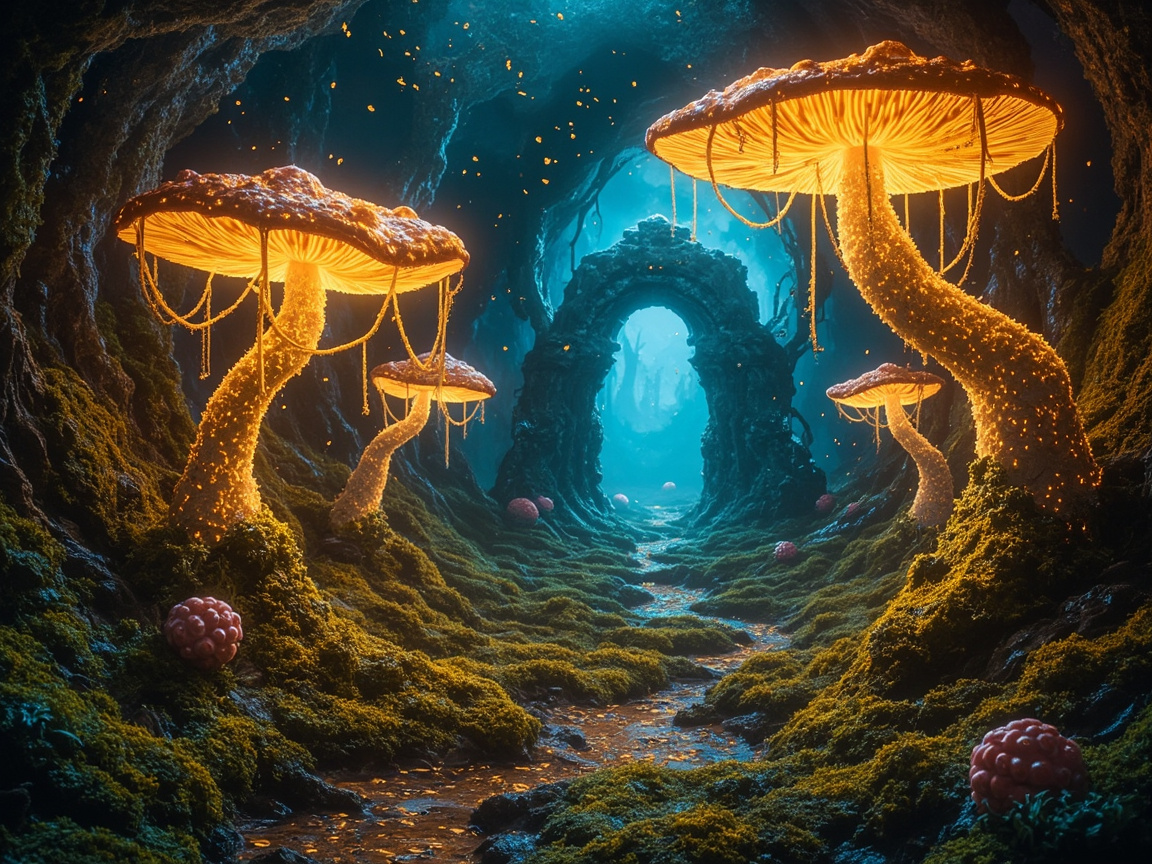 图中展现了一个充满奇幻色彩的地下洞穴世界。画面中心是一条铺满绿色苔藓的小径，向远方延伸至一座古老的石质拱门，门后透出幽蓝色的神秘光芒。小径两侧生长着几株巨大的发光蘑菇，它们拥有粗壮的菌柄和宽大的菌盖，散发出温暖的金橙色光芒，菌盖边缘还垂下如丝线般的发光纤维。空气中漂浮着细小的金色光点，宛如萤火虫。地面上散落着几颗类似红色浆果的球状植物。色彩上，冷色调的背景蓝光与暖色调的蘑菇橙光形成鲜明对比，营造出深邃且梦幻的氛围。

在 AI 生成细节方面，画面存在一些逻辑异常：左侧巨大蘑菇的菌柄与地面的连接处显得模糊且透视生硬，仿佛直接悬浮在苔藓之上；远处的石质拱门结构不对称，纹理呈现出不自然的扭曲感；此外，空气中漂浮的光点分布过于均匀且缺乏体积感，部分光点与背景元素的遮挡关系处理得不够自然。