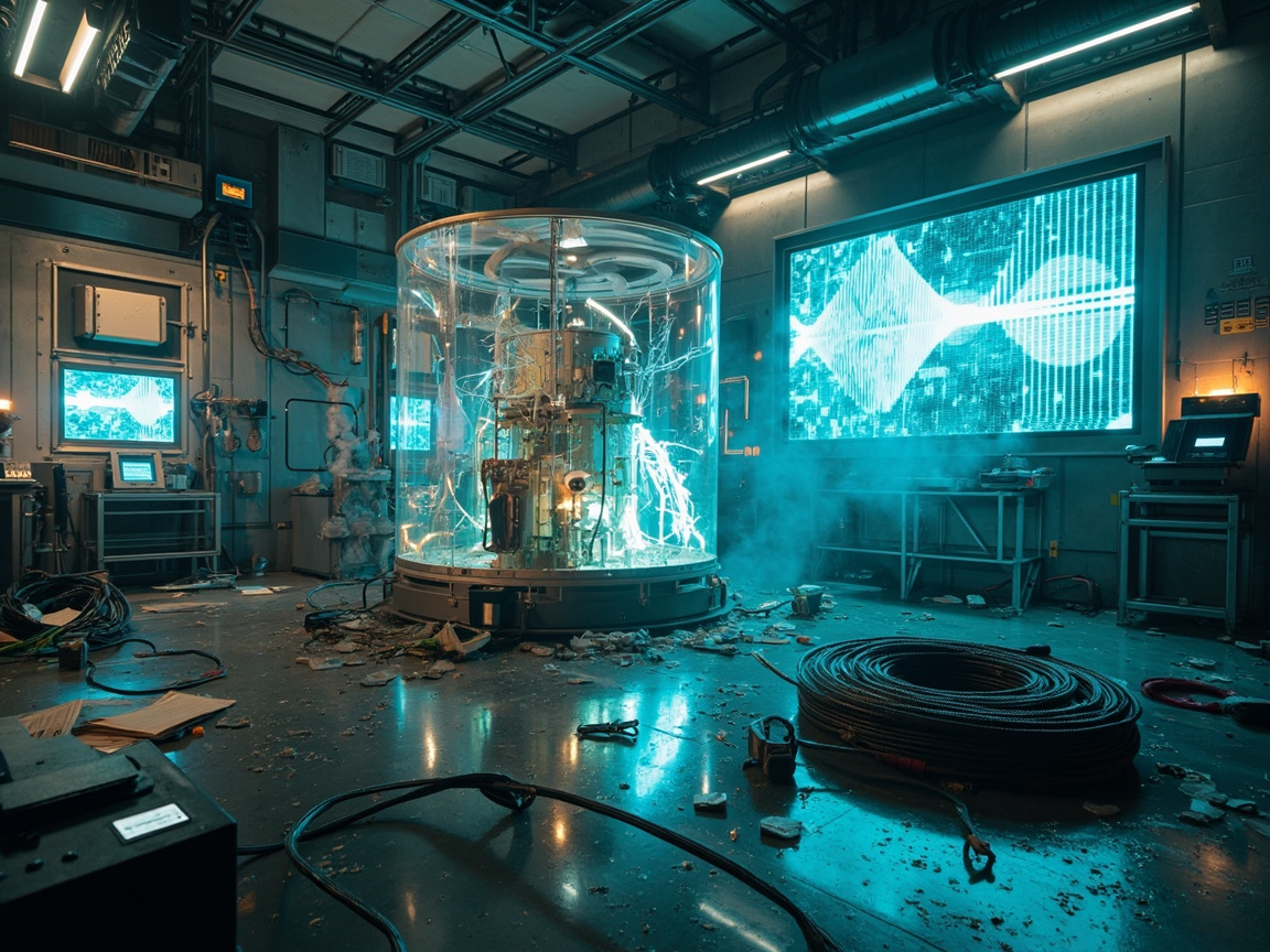 画面中呈现了一个充满科幻感的室内实验室场景。中心位置是一个巨大的圆柱形透明玻璃容器，内部充满了复杂的机械零件、电线以及闪烁的青蓝色电弧，容器底部散落着碎片，并冒出阵阵白烟。背景墙上挂着几块大型显示屏，显示着明亮的青色波形图。房间整体色调偏冷，以深灰色和青蓝色为主，地面杂乱地堆放着黑色电缆卷、零散的纸张和各种工业零件。天花板上纵横交错着管道和支架，光线主要来自容器和屏幕发出的冷光，营造出一种紧张的实验氛围。

在 AI 生成的细节方面，画面存在一些明显的逻辑缺陷：左侧墙壁上的小型显示器与周围线缆的连接方式显得杂乱且不符合物理结构；地面上的碎屑分布过于均匀且缺乏真实的质感；右侧背景中的控制台按钮模糊不清，且部分金属支架的透视关系略显扭曲，与整体环境的衔接不够自然。此外，容器内部的机械结构呈现出一种无序的堆叠感，缺乏明确的功能逻辑。