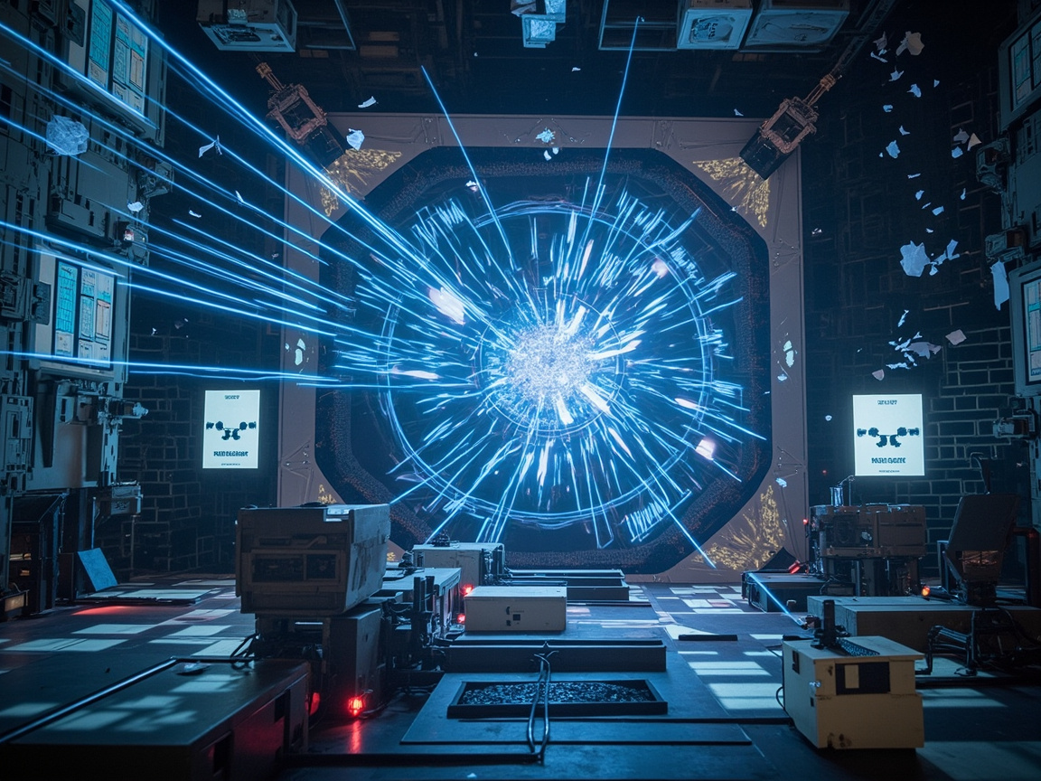 图中展现了一个充满科幻感的实验室或大型科学装置内部。画面中心是一个巨大的圆形能量核心，正向四周迸发出耀眼的蓝色电光和放射状线条，仿佛正在进行某种高能物理实验或时空传送。实验室环境昏暗，四周堆满了老旧的计算机显示器、服务器机箱和杂乱的电缆。光影对比强烈，蓝色的强光照亮了地面和设备。天空中飘浮着许多细碎的白色纸片或零件，增加了画面的动感。

在 AI 生成细节方面，存在明显的逻辑缺陷：左侧的蓝色光束凭空出现，缺乏明确的发射源；墙上的显示屏内容模糊，文字呈现为无法辨认的乱码符号；地面上的设备结构含混不清，部分电缆与机器的连接方式不符合物理常识；此外，背景中悬挂的机械臂结构破碎，透视关系显得有些扭曲，整体呈现出一种超现实但缺乏严谨工业逻辑的视觉效果。