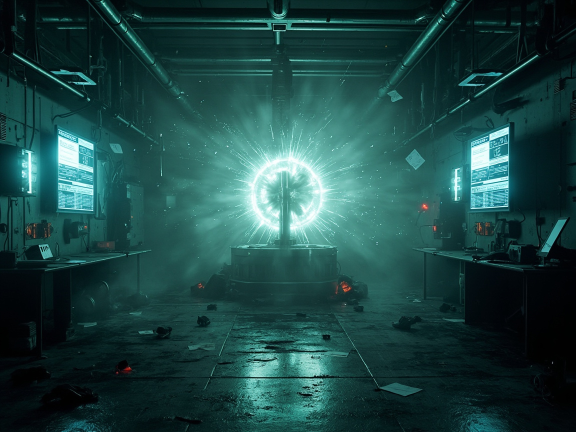 画面中呈现了一个充满科幻感的阴暗实验室或工业设施内部。场景采用对称式构图，视觉中心是一个散发着强烈青绿色光芒的圆形能量核心，光芒呈放射状向四周迸发，并伴有细微的电火花效果。实验室两侧排列着简陋的工作台，墙上挂着发光的显示屏，屏幕上显示着模糊的图表和数据。整体色调以冷峻的青绿色和深灰色为主，地面散落着纸张和杂物，显得有些凌乱。

在 AI 生成的细节方面，存在一些明显的逻辑缺陷：两侧显示屏上的文字和图表均为无法辨认的乱码符号，缺乏实际意义；天花板上的管道连接方式显得杂乱且不符合物理结构，部分管道在阴影中突兀地断开或融合；地面上的碎屑和纸张缺乏真实的物理质感，看起来像是漂浮或粘贴在地面上的贴图。此外，画面远处的阴影处理较为生硬，部分设备的边缘轮廓在强光照射下显得模糊不清。
