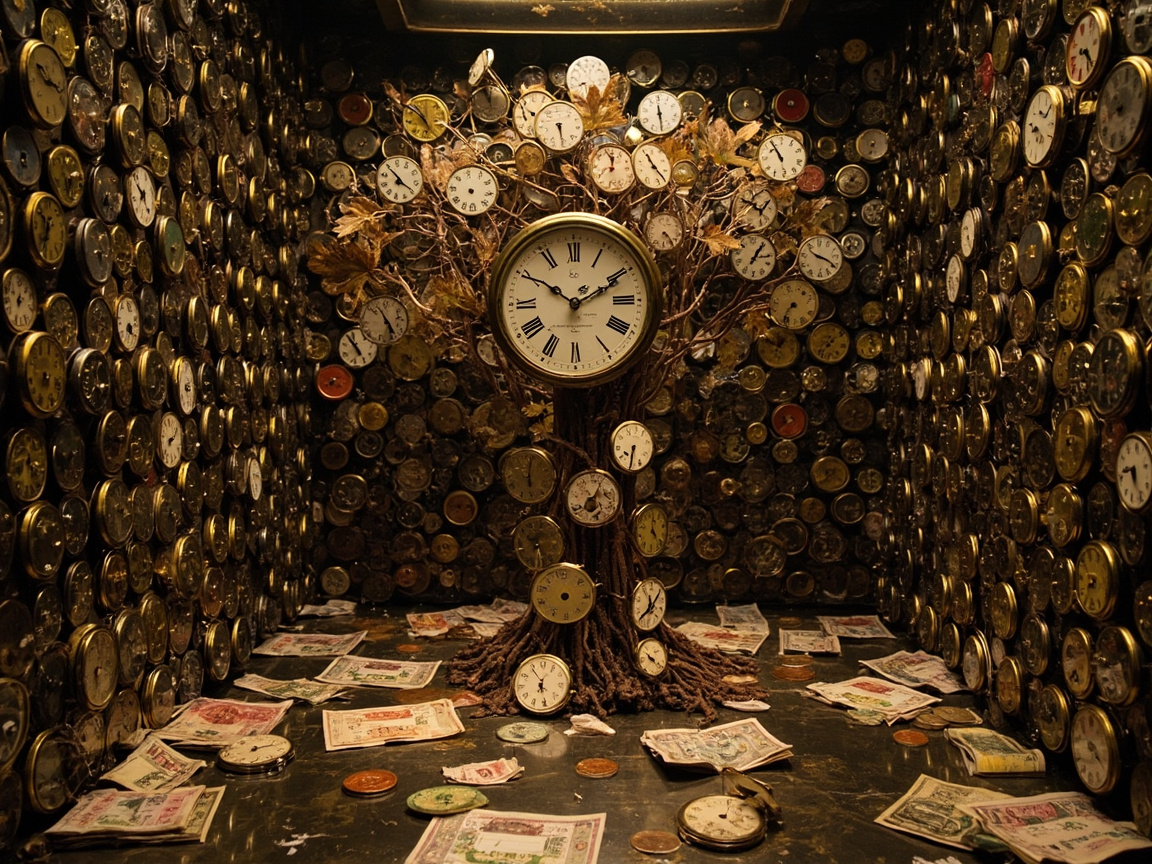 图中展示了一个充满超现实主义色彩的密闭空间，四周墙壁密密麻麻地镶嵌着成百上千个大小不一的圆形怀表和时钟，呈现出一种压抑而神秘的氛围。画面中央生长着一棵由枯木组成的“时间之树”，树枝上挂满了时钟，树干中心嵌有一个巨大的金色大钟作为视觉焦点。地面上散落着许多旧纸币、硬币和零星的怀表，色调以古铜色、暗金色和深褐色为主，光线从上方投射，营造出一种陈旧的历史感。

在 AI 生成的细节方面，存在明显的逻辑缺陷：首先，墙面和树上的时钟刻度非常混乱，许多表盘上的数字是模糊的乱码或不规则的线条，指针的指向也违背物理逻辑。其次，地面上的纸币图案模糊不清，并非真实的货币设计，更像是随机生成的色块。此外，空间透视略显局促，墙角处的时钟堆叠过于密集且缺乏合理的物理支撑感，部分时钟边缘与背景融合得不够自然。