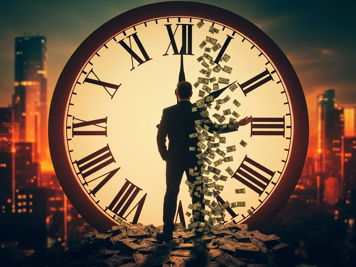 图中展现了一个充满超现实主义色彩的场景，表达了时间与金钱的主题。画面中心是一个巨大的圆形时钟，背景是落日余晖下的城市剪影，整体色调呈现温暖的橘黄色与深邃的暗影对比。一名身穿深色西装的男子背对观众，站在一堆散乱的钞票上，正对着巨大的表盘。令人惊叹的是，男子的右半边身体似乎正在瓦解，化作无数飞舞的纸币，与时钟的指针交织在一起。

在 AI 生成的细节方面，存在明显的逻辑和视觉缺陷：首先，时钟的罗马数字排列极其混乱且错误，例如出现了多个重复的「VIII」和「III」，且数字的顺序完全不符合常规计时逻辑。其次，男子的右手伸向表盘，但手指线条模糊且扭曲，缺乏清晰的结构。此外，飞舞的纸币细节较为粗糙，部分纸币在空中重叠的方式显得生硬，缺乏自然的透视感。尽管构图具有强烈的视觉冲击力，但这些细节上的失真揭示了其 AI 生成的痕迹。