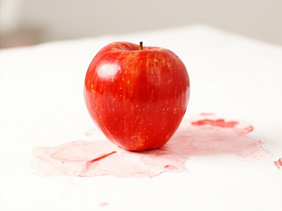 图中展示了一个放置在白色平面中央的红色苹果。这个苹果色泽鲜艳，表皮呈现出深红与亮红交织的纹理，并带有细小的黄色斑点，左侧表面有明显的反光，显得圆润且有光泽。苹果顶部有一根短小的深褐色果柄。苹果下方有一片淡红色的半透明污渍，看起来像是果汁溢出或颜料晕染的效果，增加了画面的视觉层次。背景是纯净的浅白色，带有轻微的虚化感，使主体苹果更加突出。在 AI 生成的细节方面，画面存在明显的逻辑缺陷：苹果下方的红色污渍形状不规则且质感模糊，与实体苹果真实的投影规律不符，看起来更像是漂浮在平面上的色块而非自然的阴影或液体；此外，苹果底部的边缘与平面的接触点显得有些生硬，缺乏真实的重力压迫感。